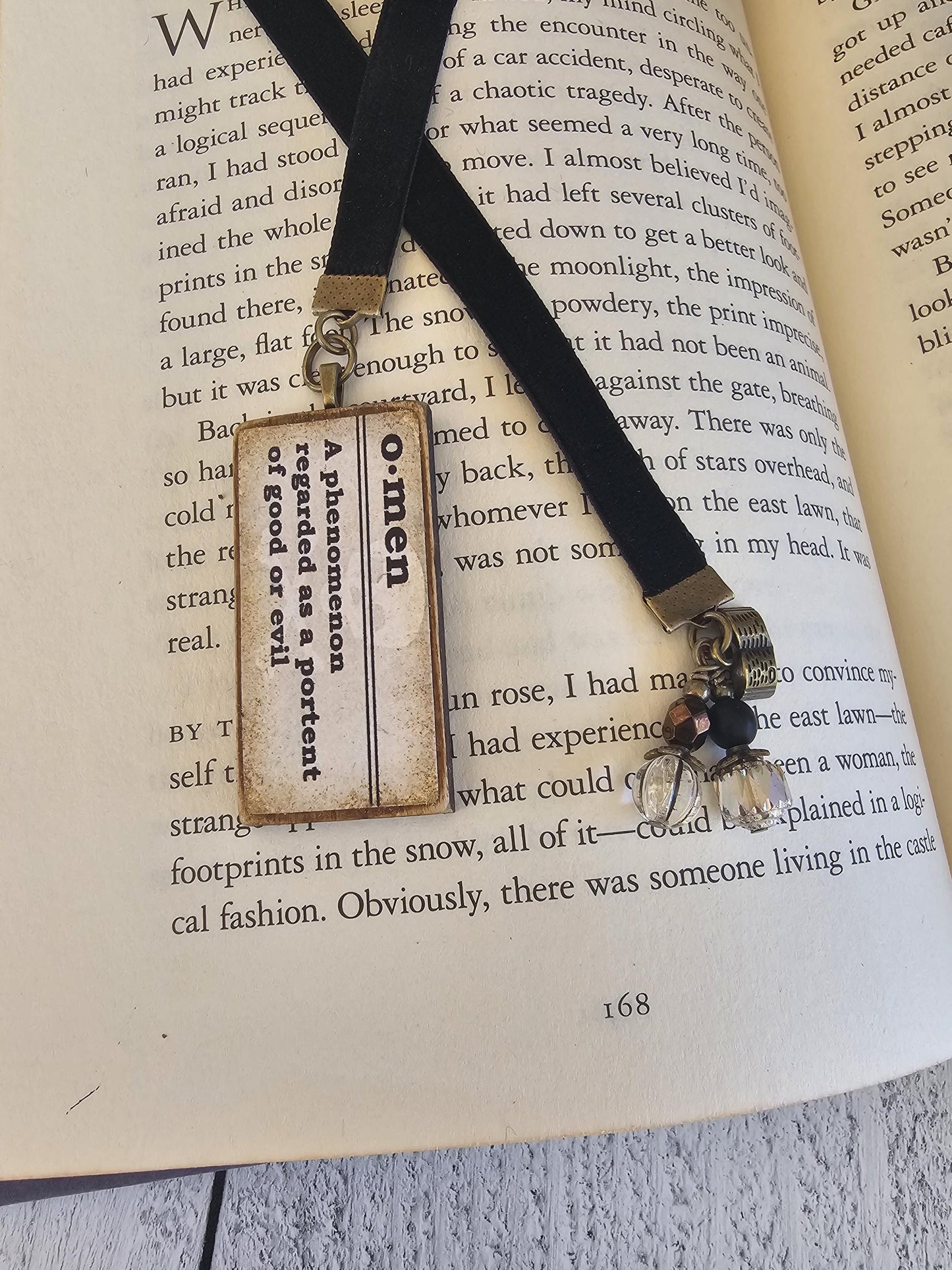 Dark Gothic Velvet Ribbon Bookmark with Pendant featuring Gothic Definitions Death, Decay, Omen, Morbid, Hex, Darkness, Unique Literary Gift