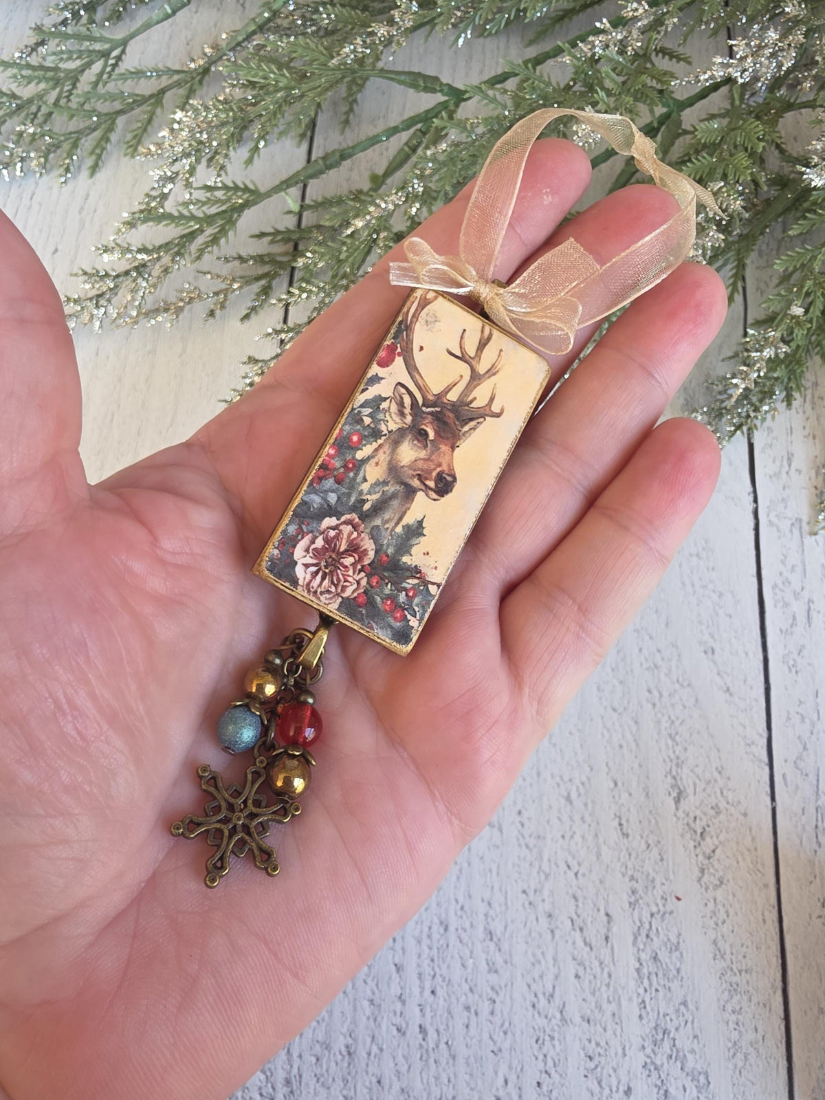 Handmade Christmas Ornaments With Santa Claus, Poinsettia and Stag