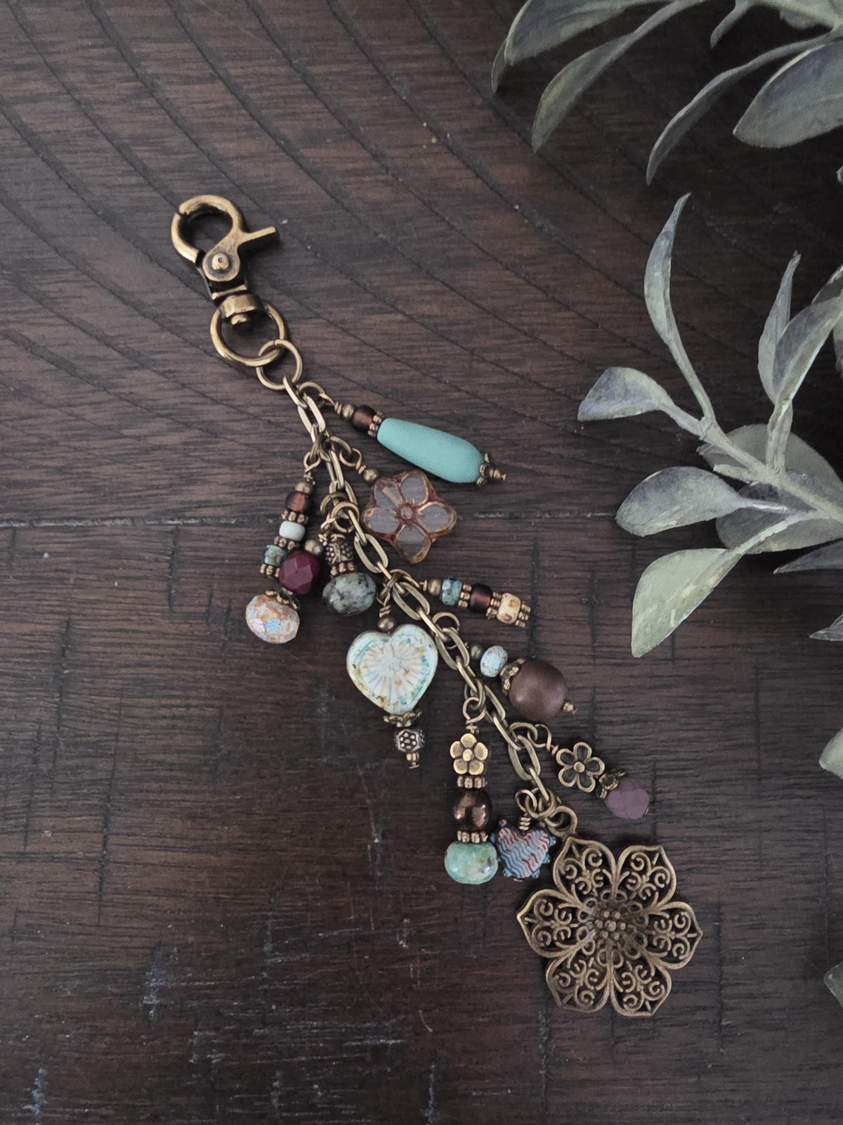 Boho Beaded Bag Charm, Hearts and Flowers in Blue and Brown