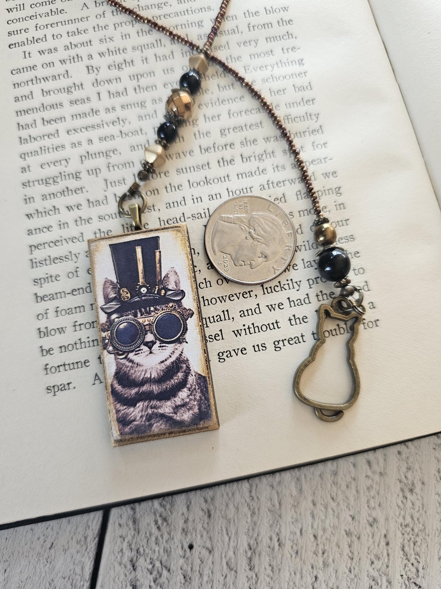 Steampunk Cat Bookmark, Unique Reader Gift, Feline Bookmarker