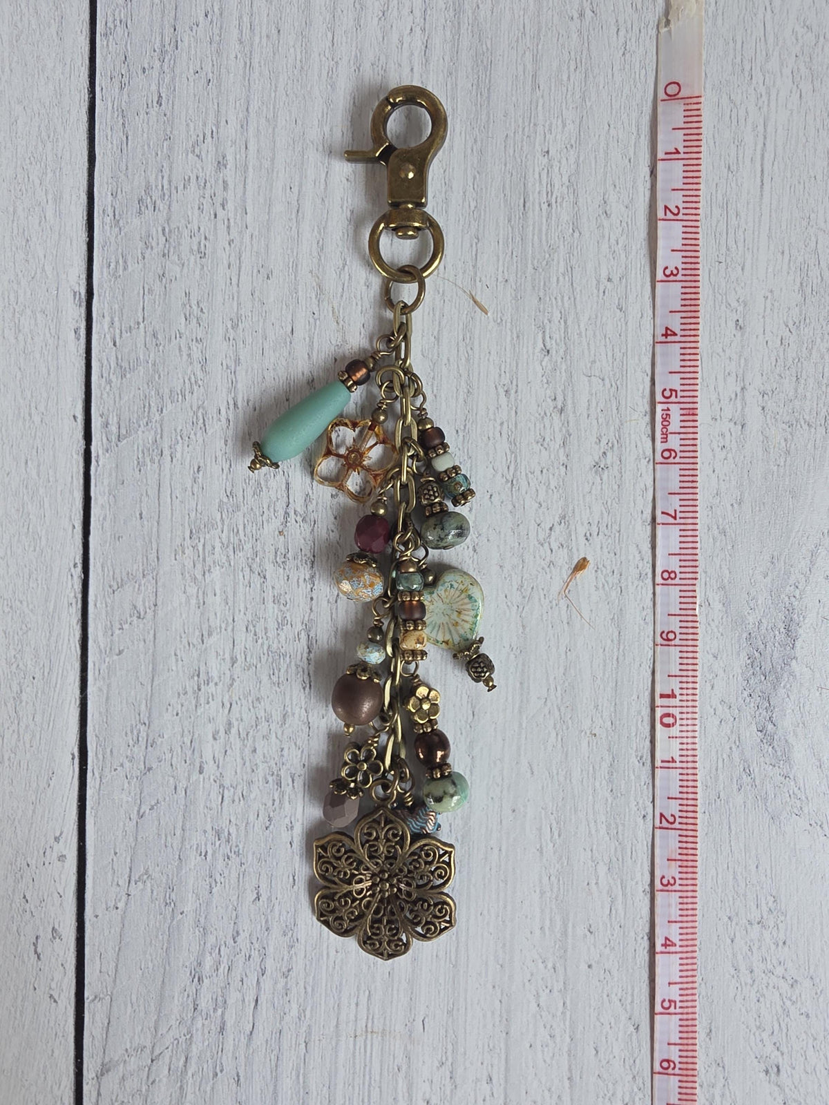 Boho Beaded Bag Charm, Hearts and Flowers in Blue and Brown