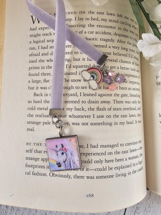 Unicorn Bookmark, Fantasy Velvet Ribbon Bookmarker, Bookworm Gift