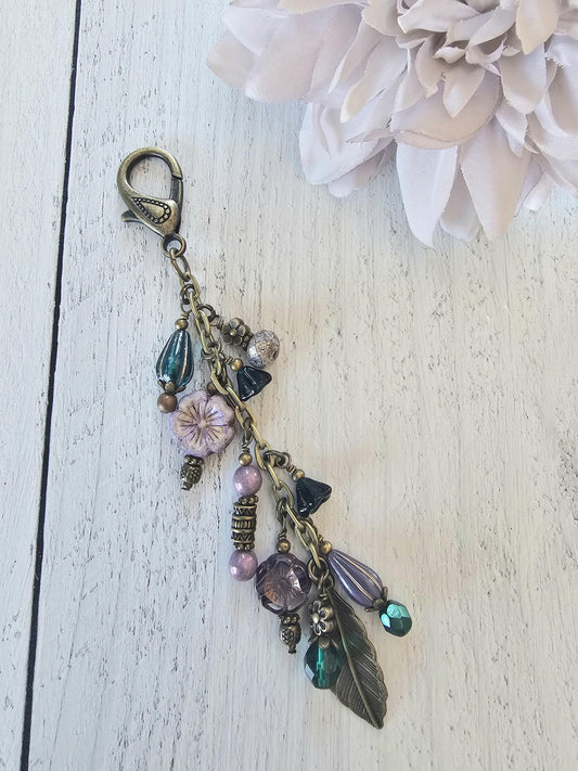 Boho Style Beaded Bag Charm Zipper Pull With Nature Theme, Flowers, Leaves