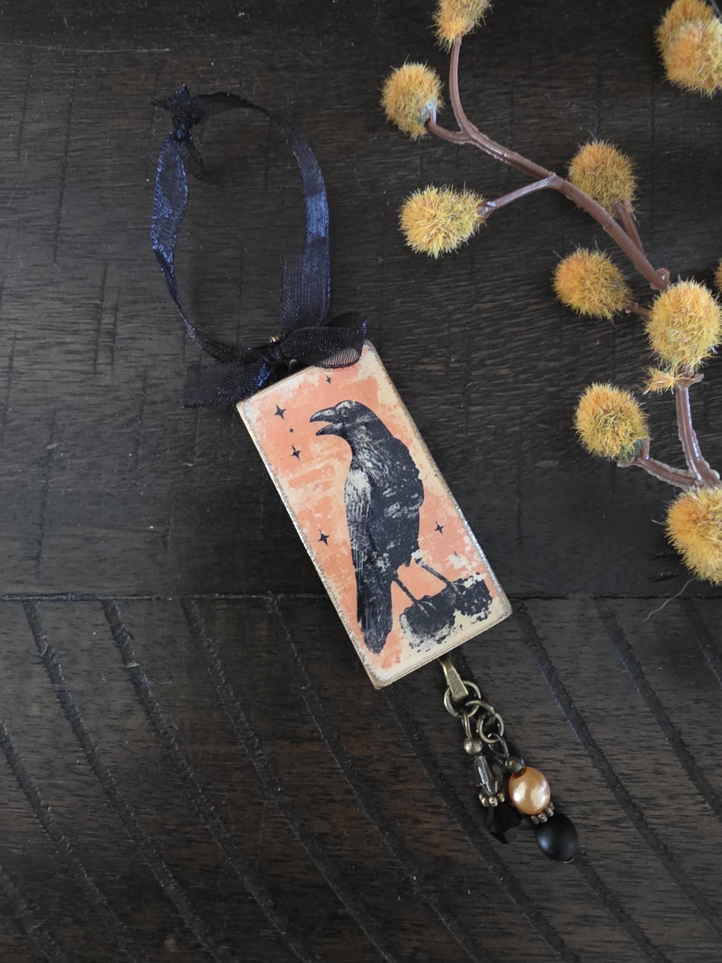 a decorative ornament with a black bird illustration on a wooden surface, accompanied by a black ribbon and a small charm.