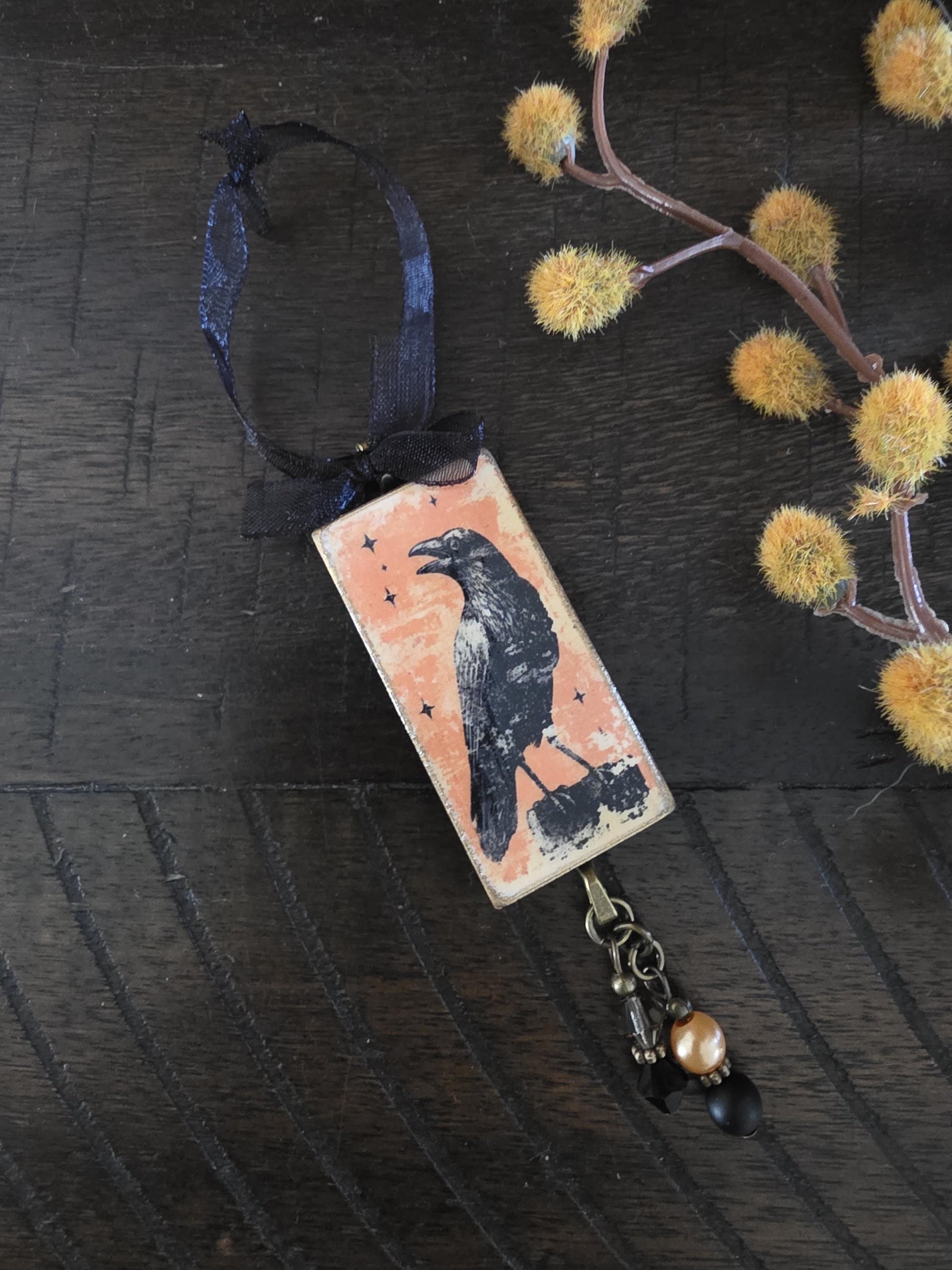 a decorative ornament with a black bird illustration on a wooden surface, accompanied by a black ribbon and a small charm.