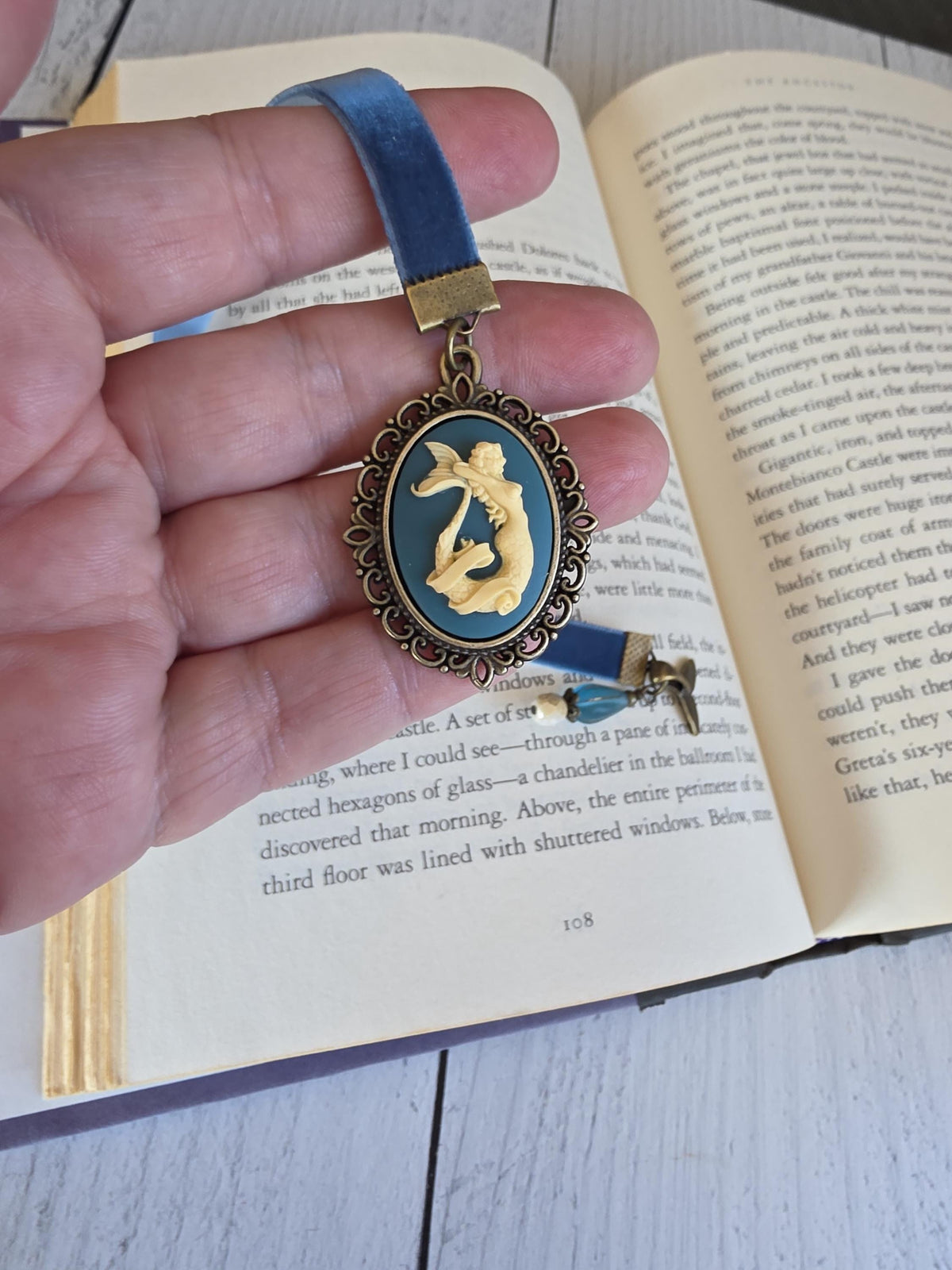 Teal Mermaid Cameo and Velvet Ribbon Bookmark, Choose Your Length