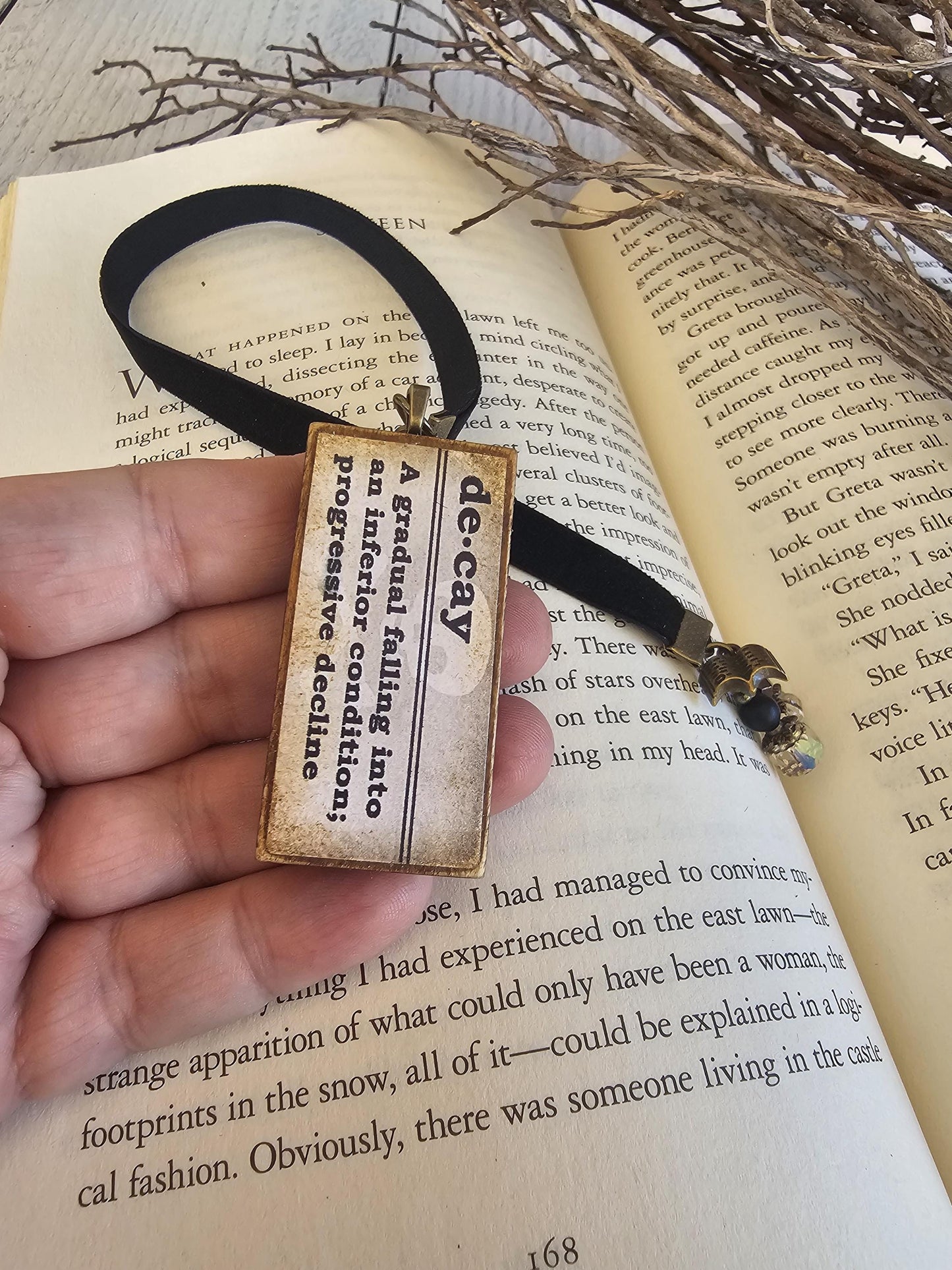 Dark Gothic Velvet Ribbon Bookmark with Pendant featuring Gothic Definitions Death, Decay, Omen, Morbid, Hex, Darkness, Unique Literary Gift