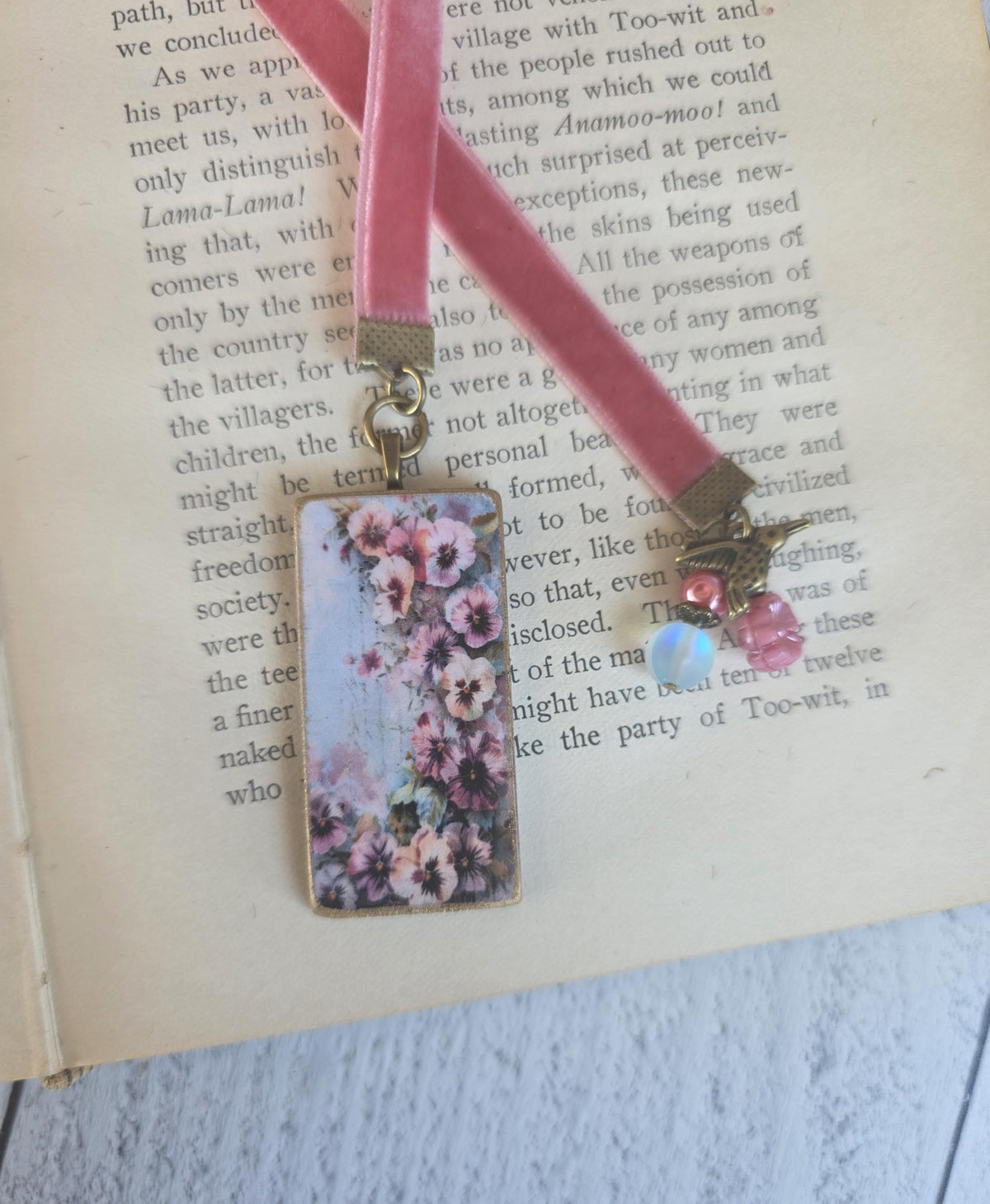 Flower Bookmark with Handmade Pansies Pendant