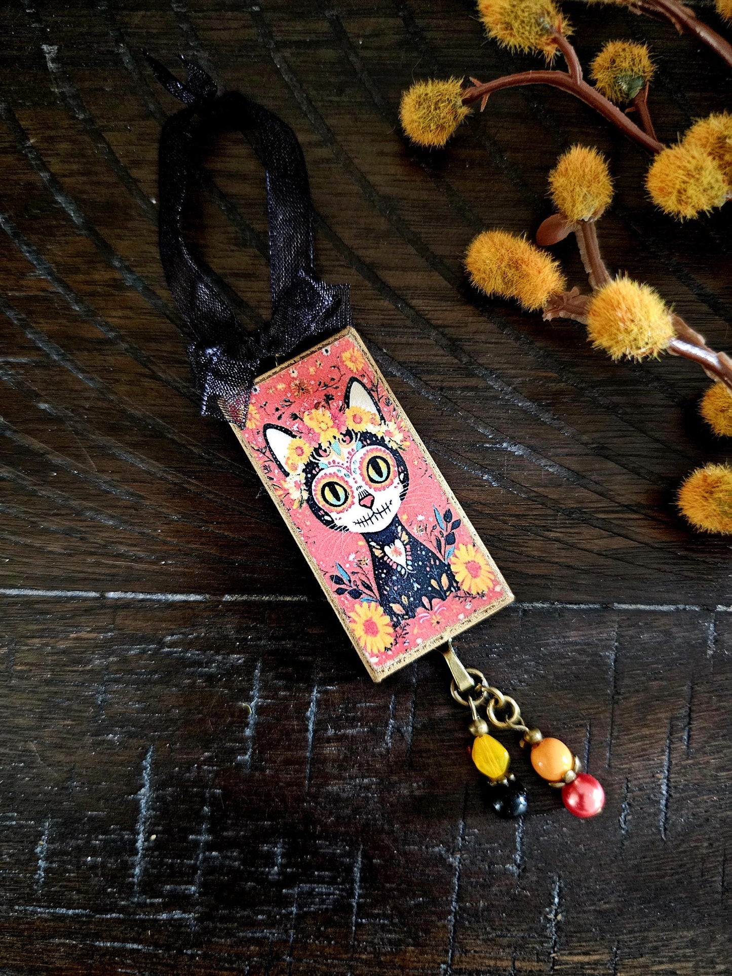 Day of the Dead Cat Ornament, Sugar Skull  Dia de los Muertos