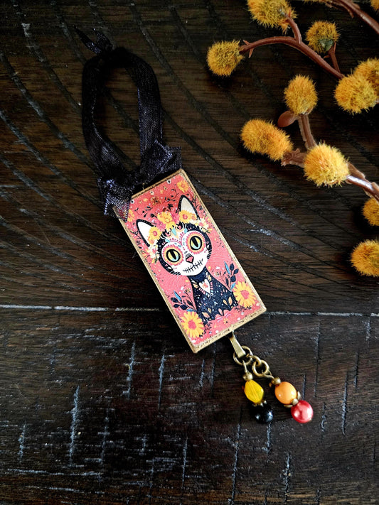 Day of the Dead Cat Ornament, Sugar Skull  Dia de los Muertos