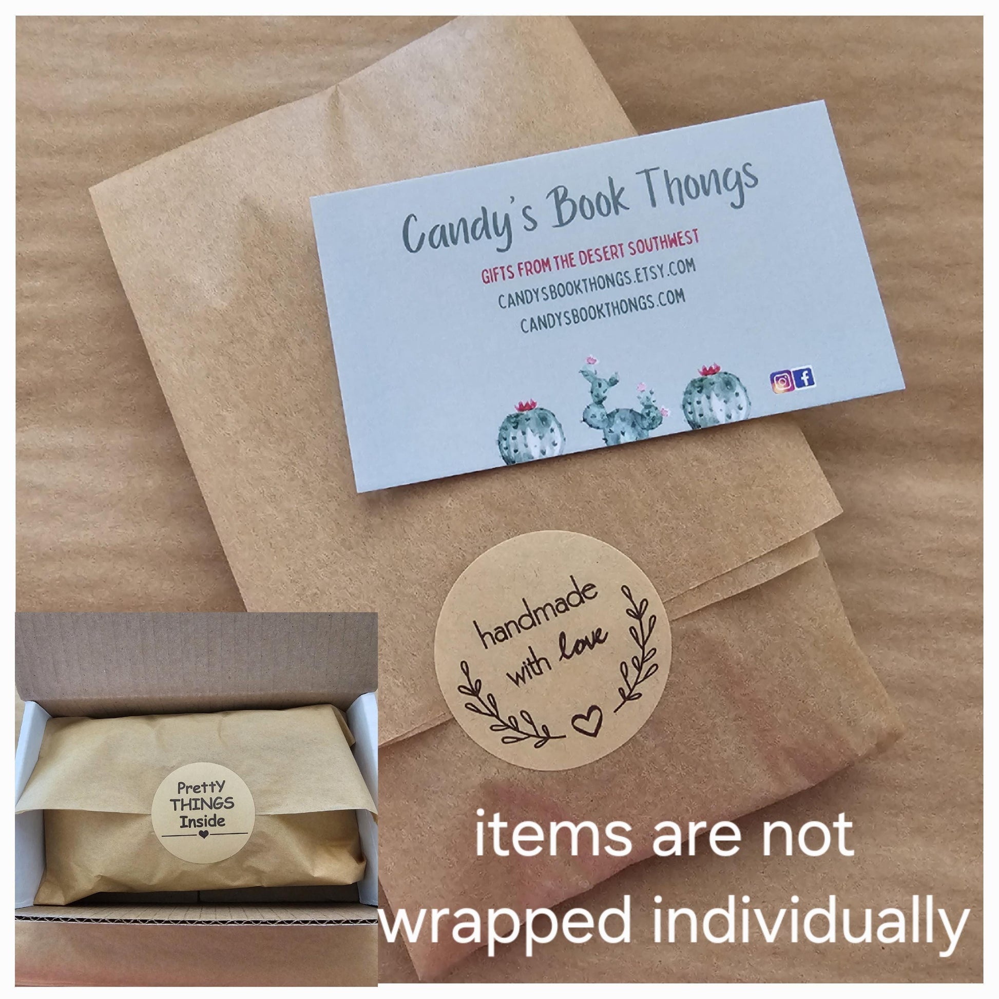 a brown paper bag with a business card, a handmade gift, and a package with a label. The text on the items is not wrapped individually.