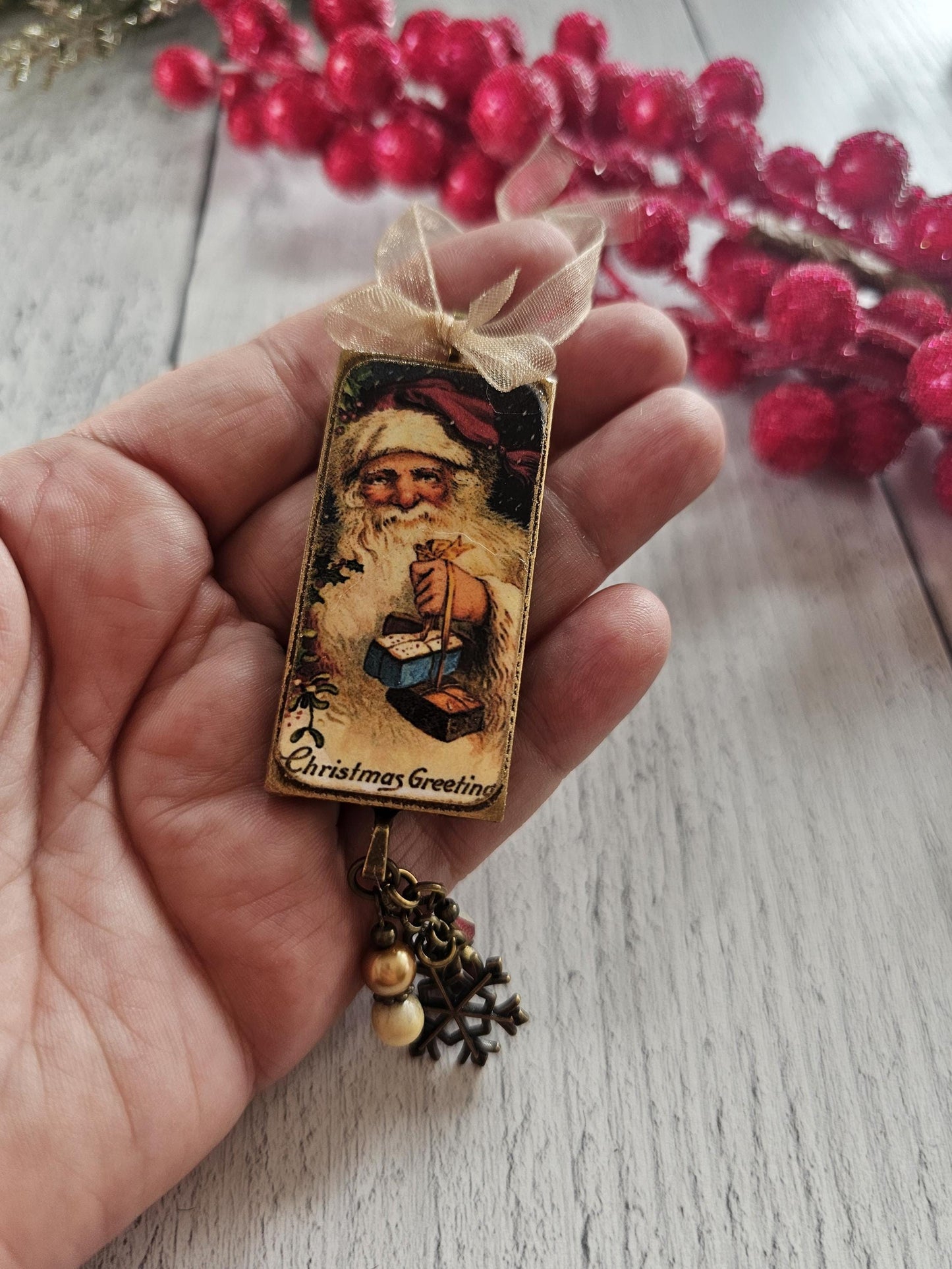 Handmade Holiday Ornament With Vintage Santa Claus