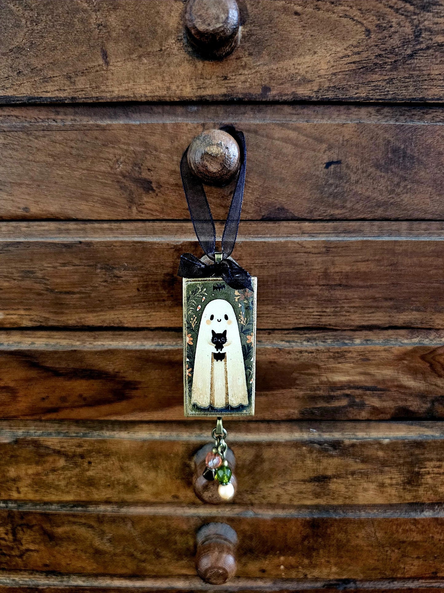 Cute Ghost Holding Black Cat Ornament, Whimsical Halloween Decor