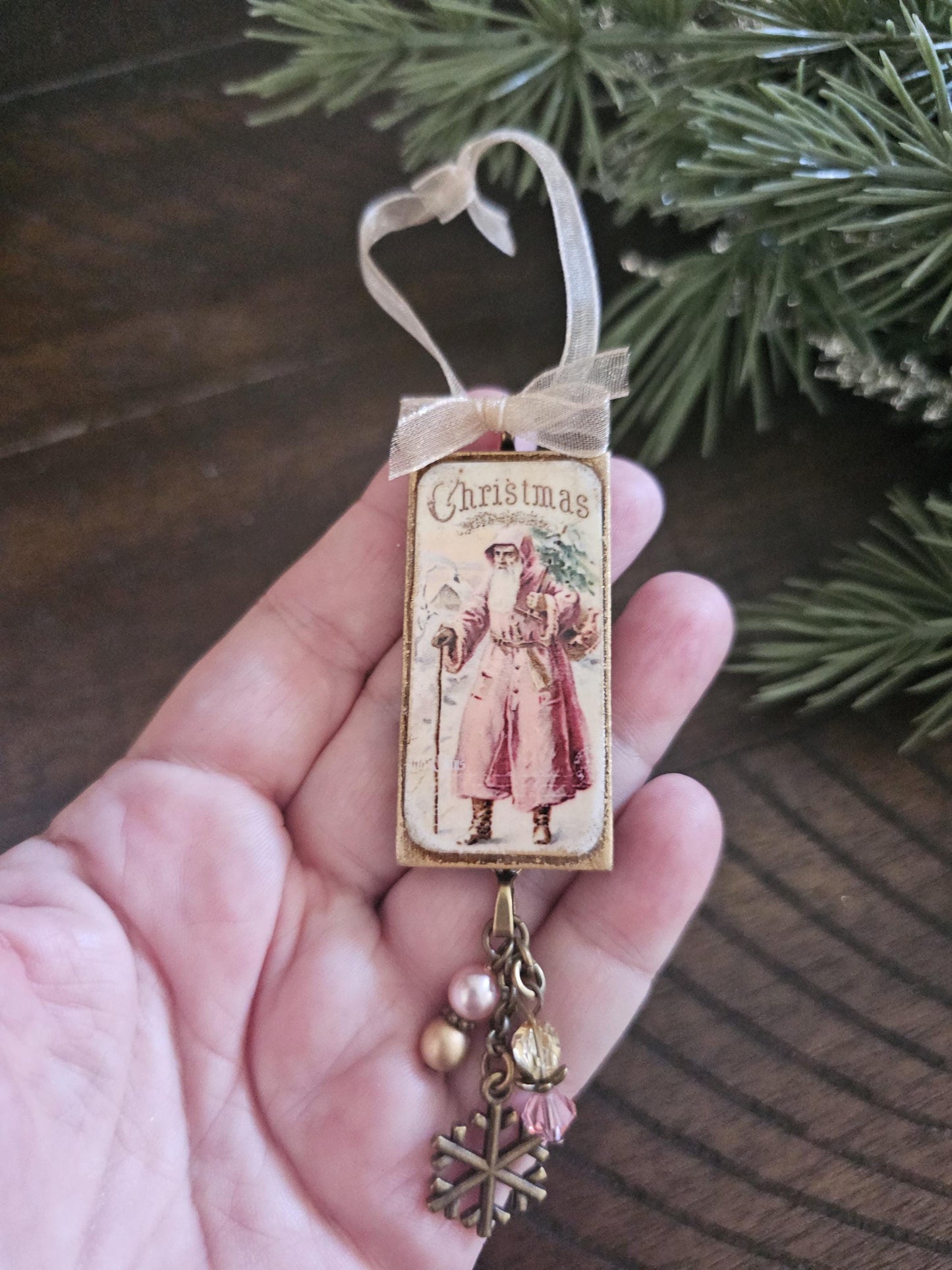 Rustic and Elegant Set of Three Victorian Santa Wood Christmas Ornaments, Buy 3 or Singles