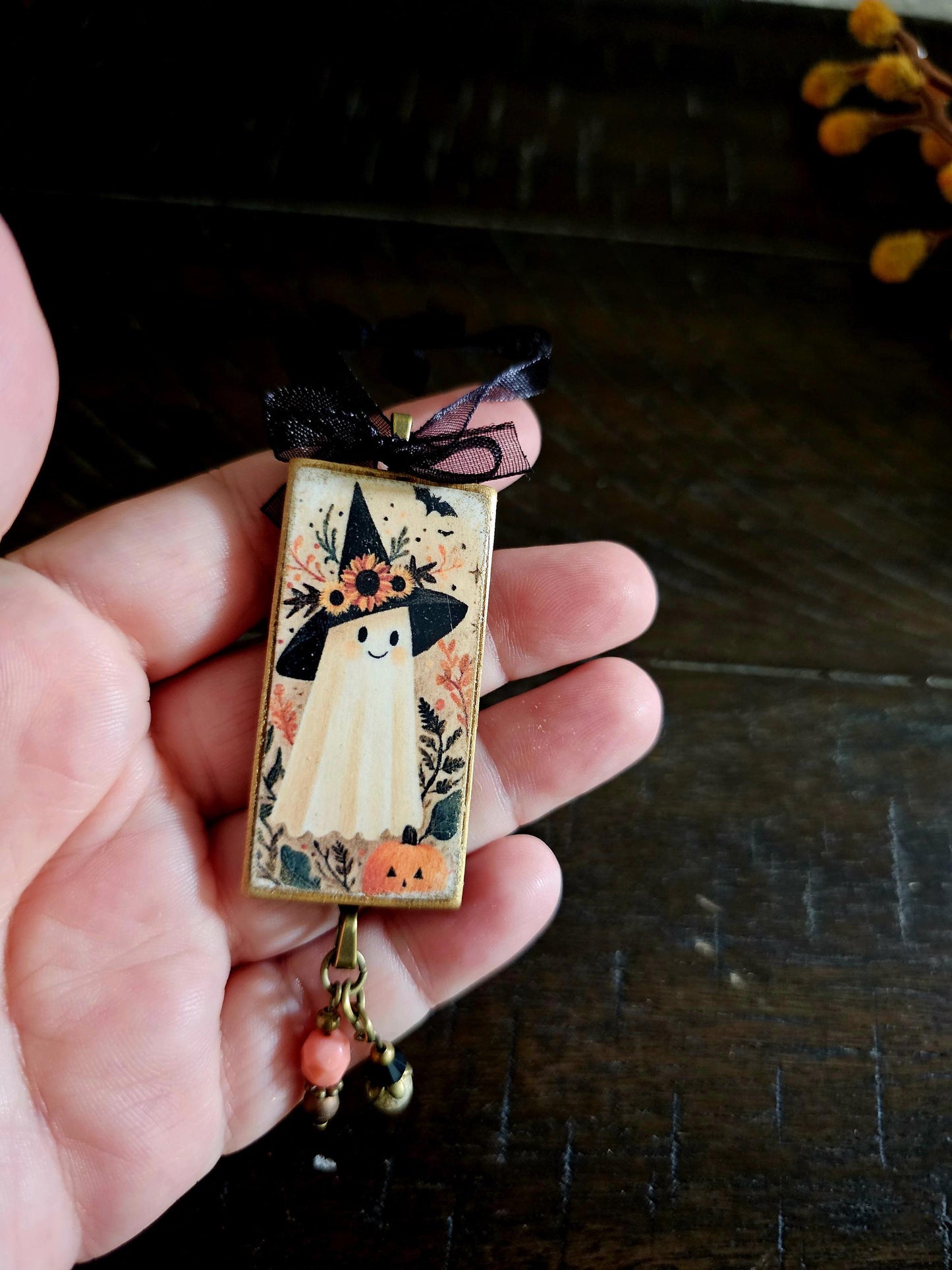 Whimsical Witch Ghost Ornament, Halloween Fall Decor