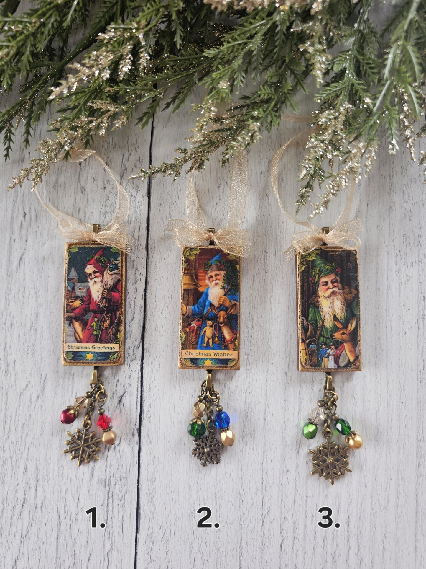 Set of Three Handmade Christmas Ornaments Featuring Woodland Vintage Santa, Buy One or All Three