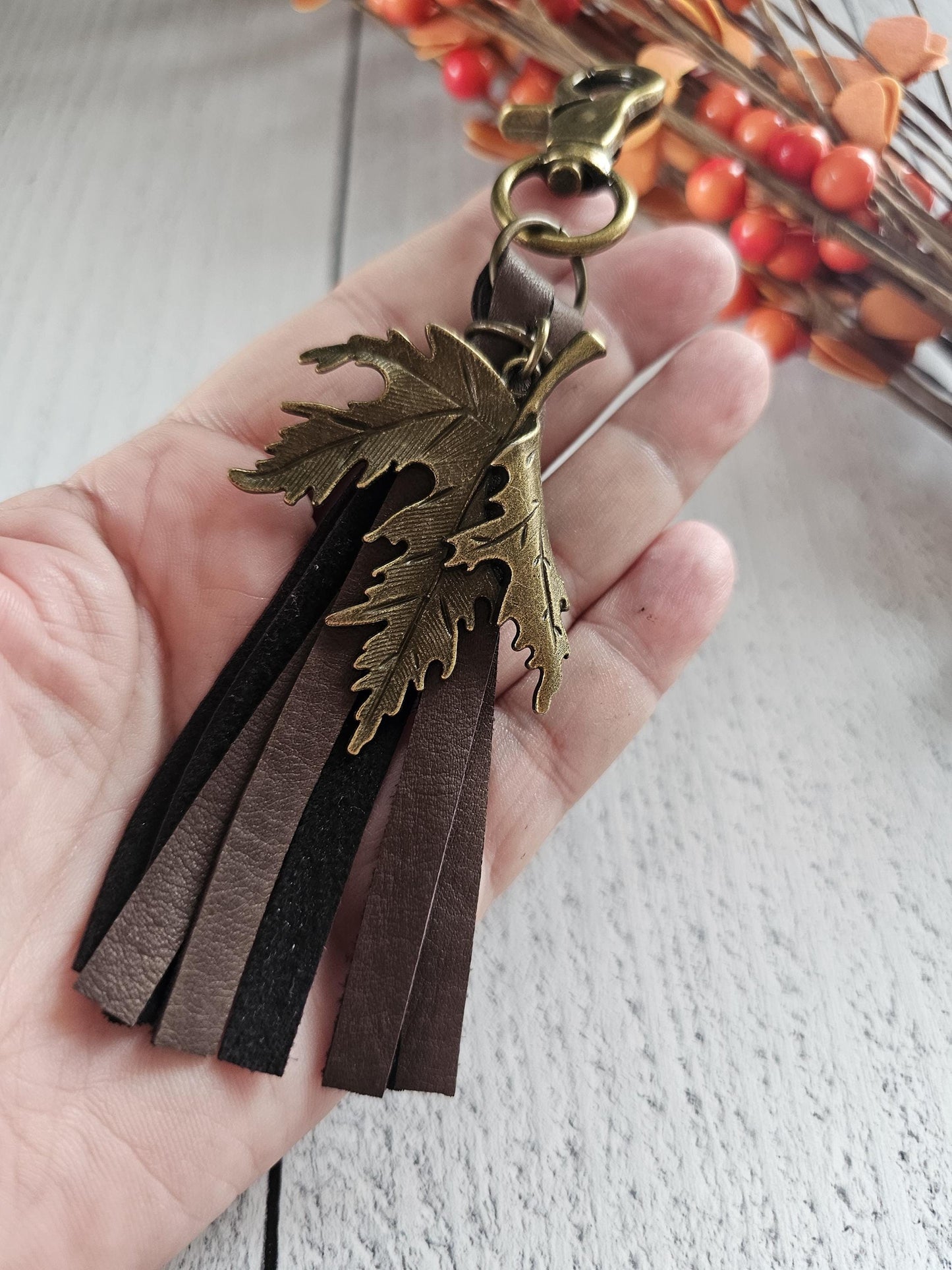 Boho Leather Bag Tassel With Bronze Plated Leaf Charm