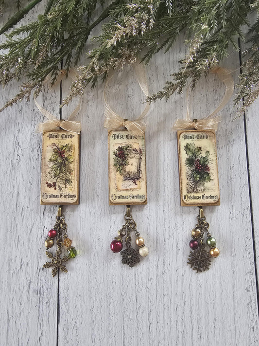 Handmade Christmas Ornaments in Vintage Shabby Style With Beaded Accents, Choose One or All Three