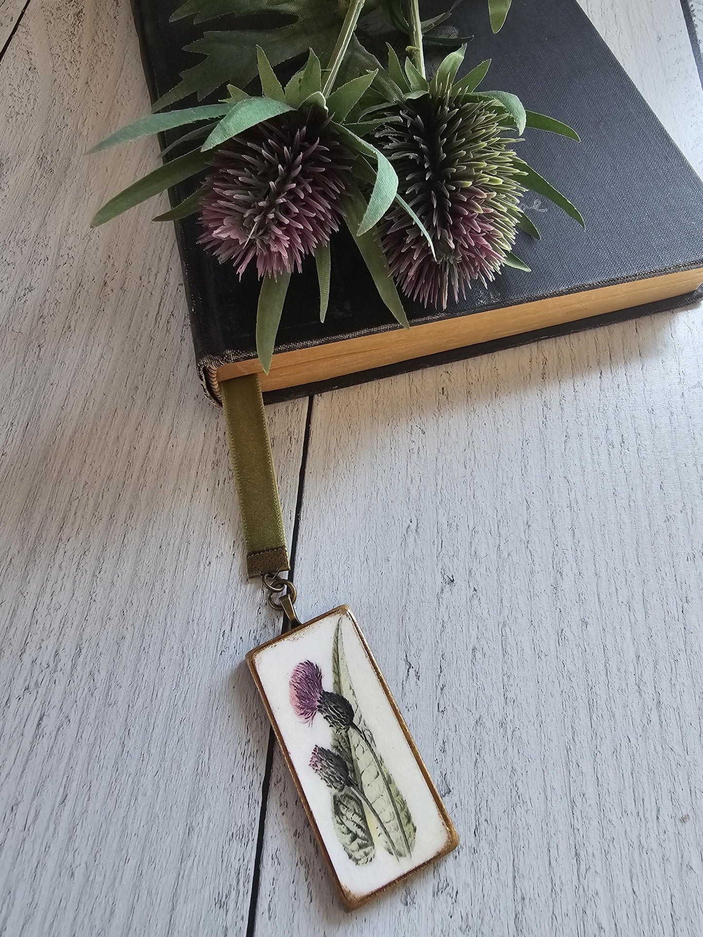 Scottish Thistle Velvet Bookmark: Bronze Vintage Botanical Pendant