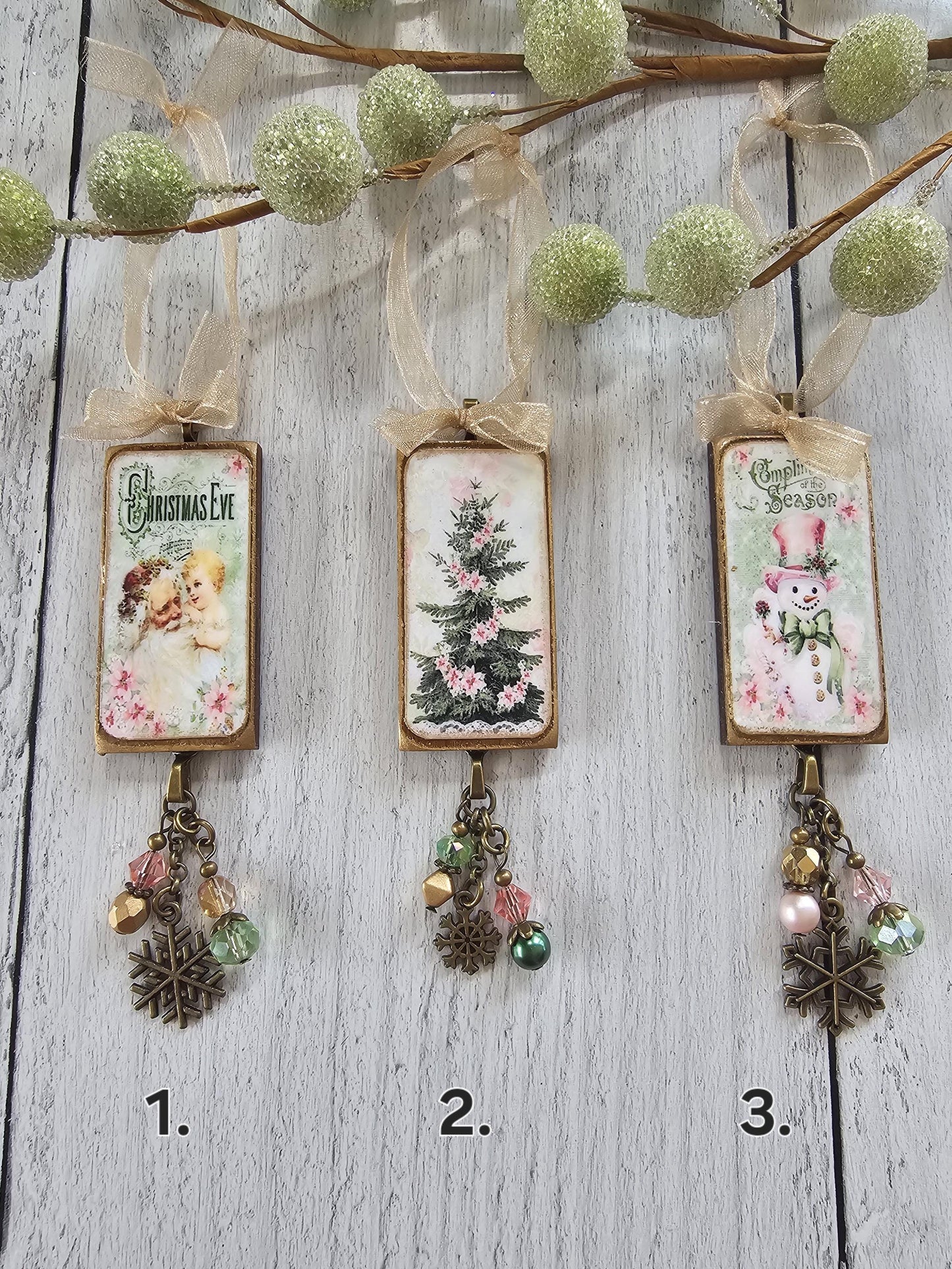 Vintage Style Shabby Pink Christmas Ornaments, Santa, Snowman, Tree