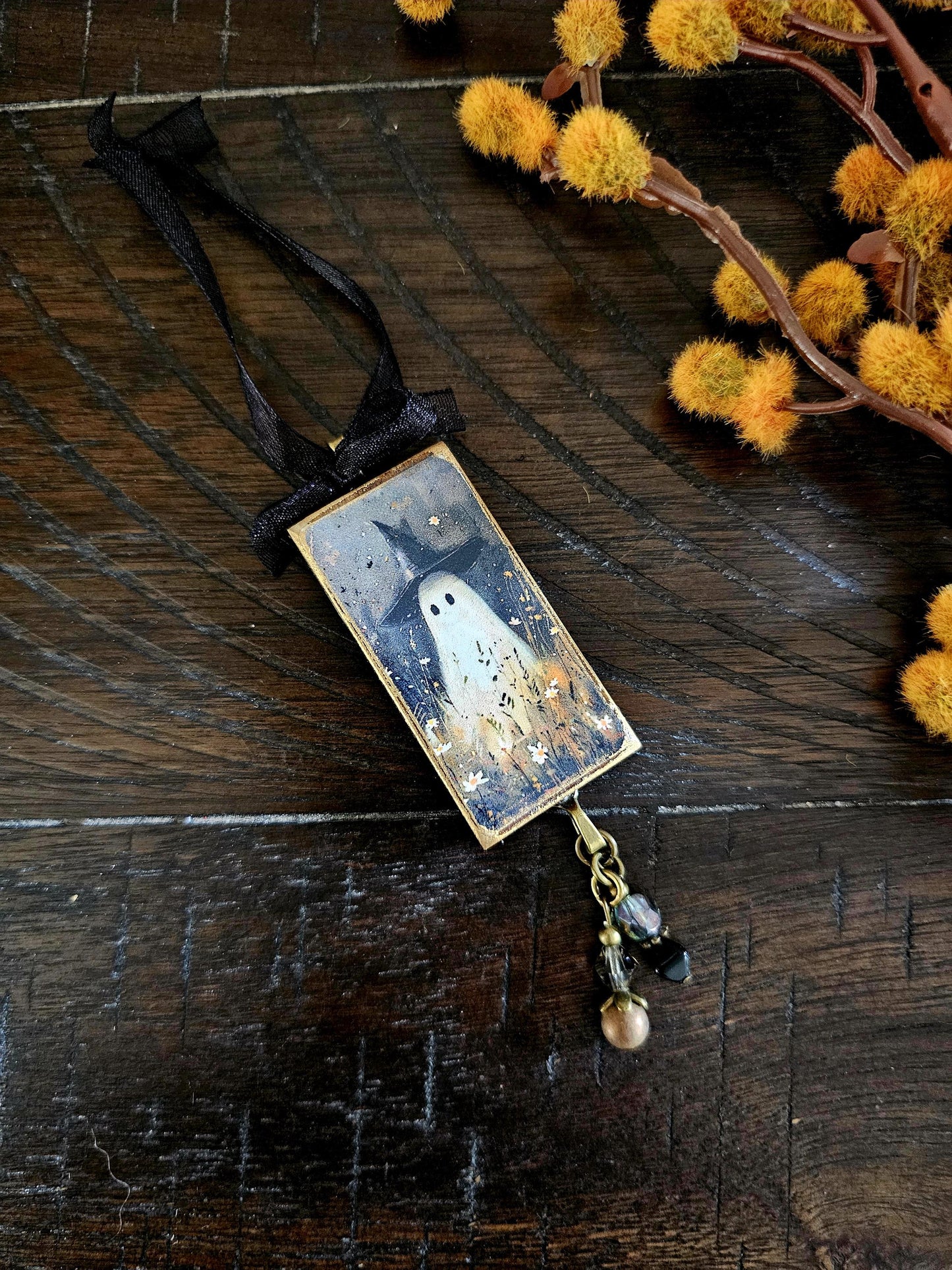 Whimsical Witch Ghost in Wild Flower Field Ornament, Halloween Fall Decor