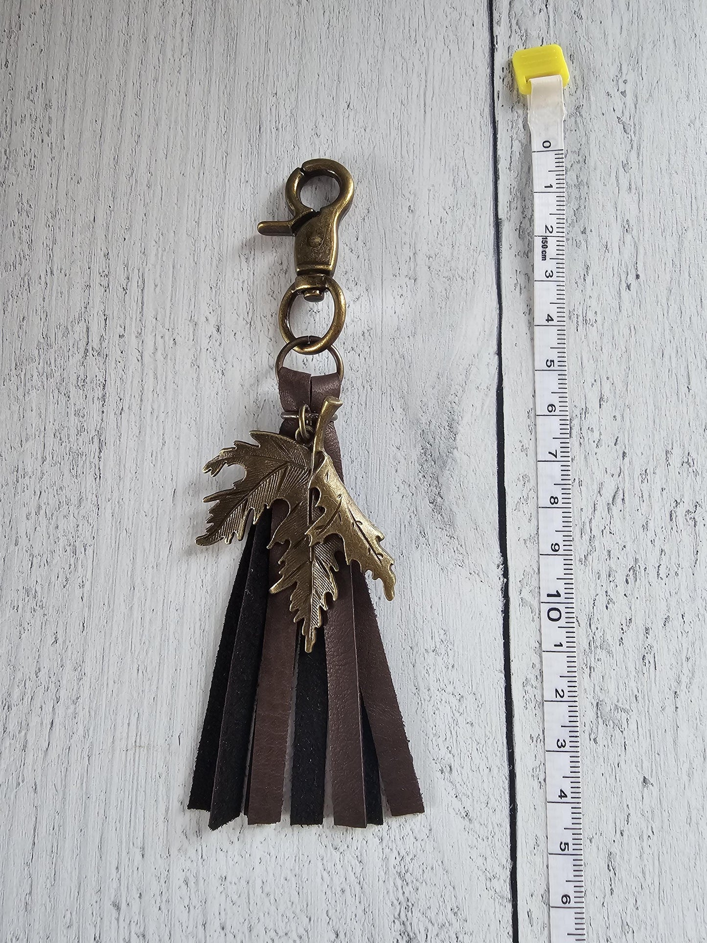 Boho Leather Bag Tassel With Bronze Plated Leaf Charm