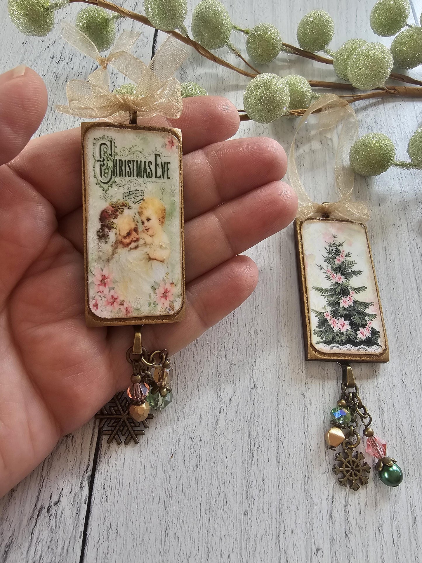 Vintage Style Shabby Pink Christmas Ornaments, Santa, Snowman, Tree