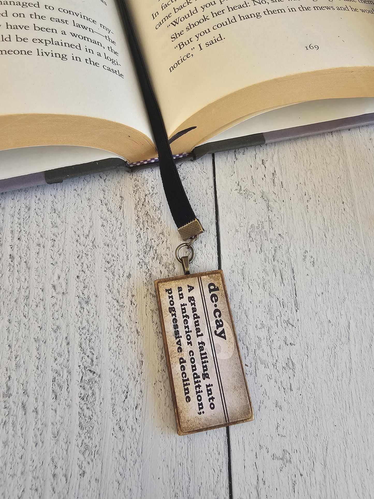 Dark Gothic Velvet Ribbon Bookmark with Pendant featuring Gothic Definitions Death, Decay, Omen, Morbid, Hex, Darkness, Unique Literary Gift