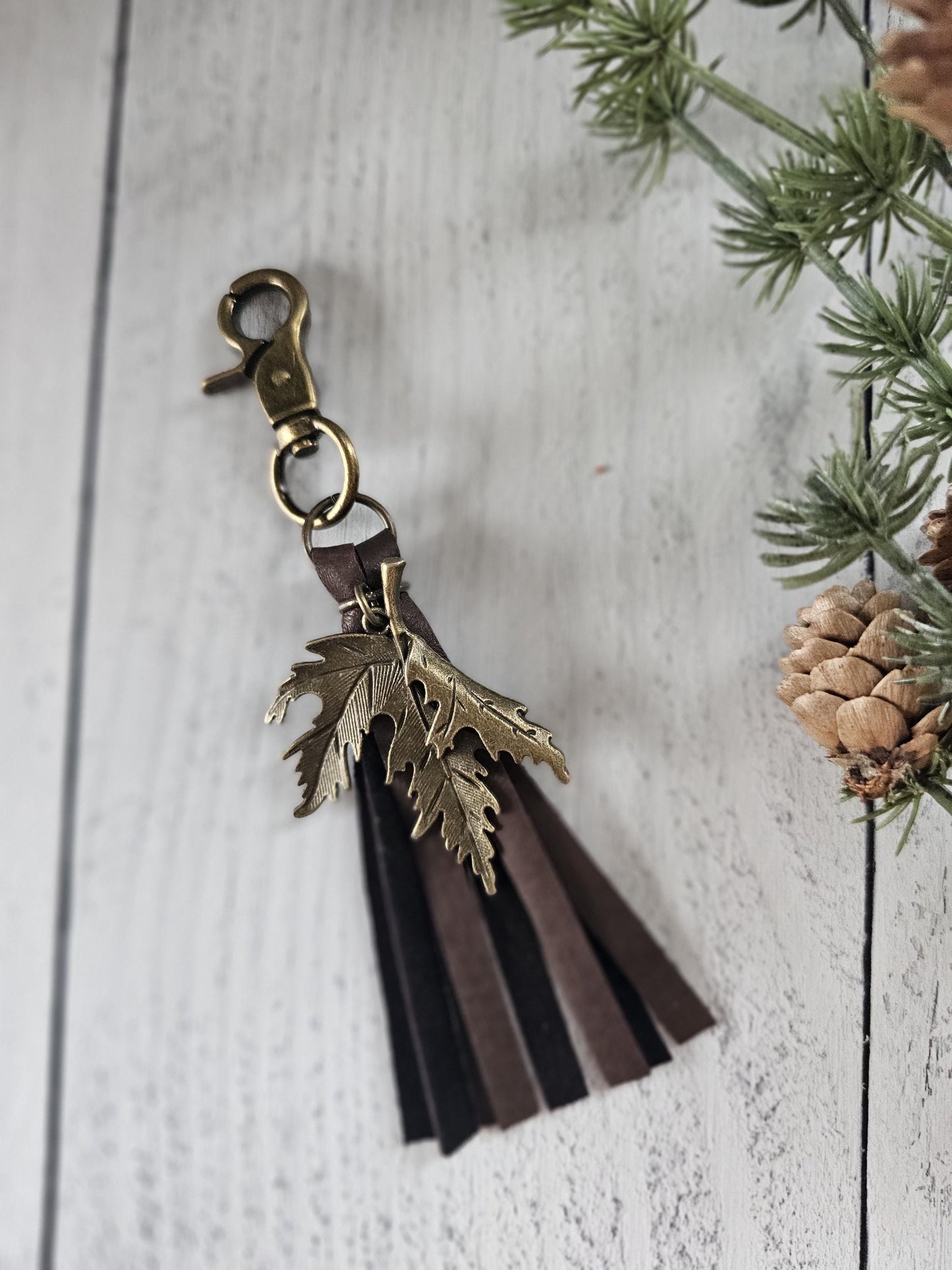 Boho Leather Bag Tassel With Bronze Plated Leaf Charm