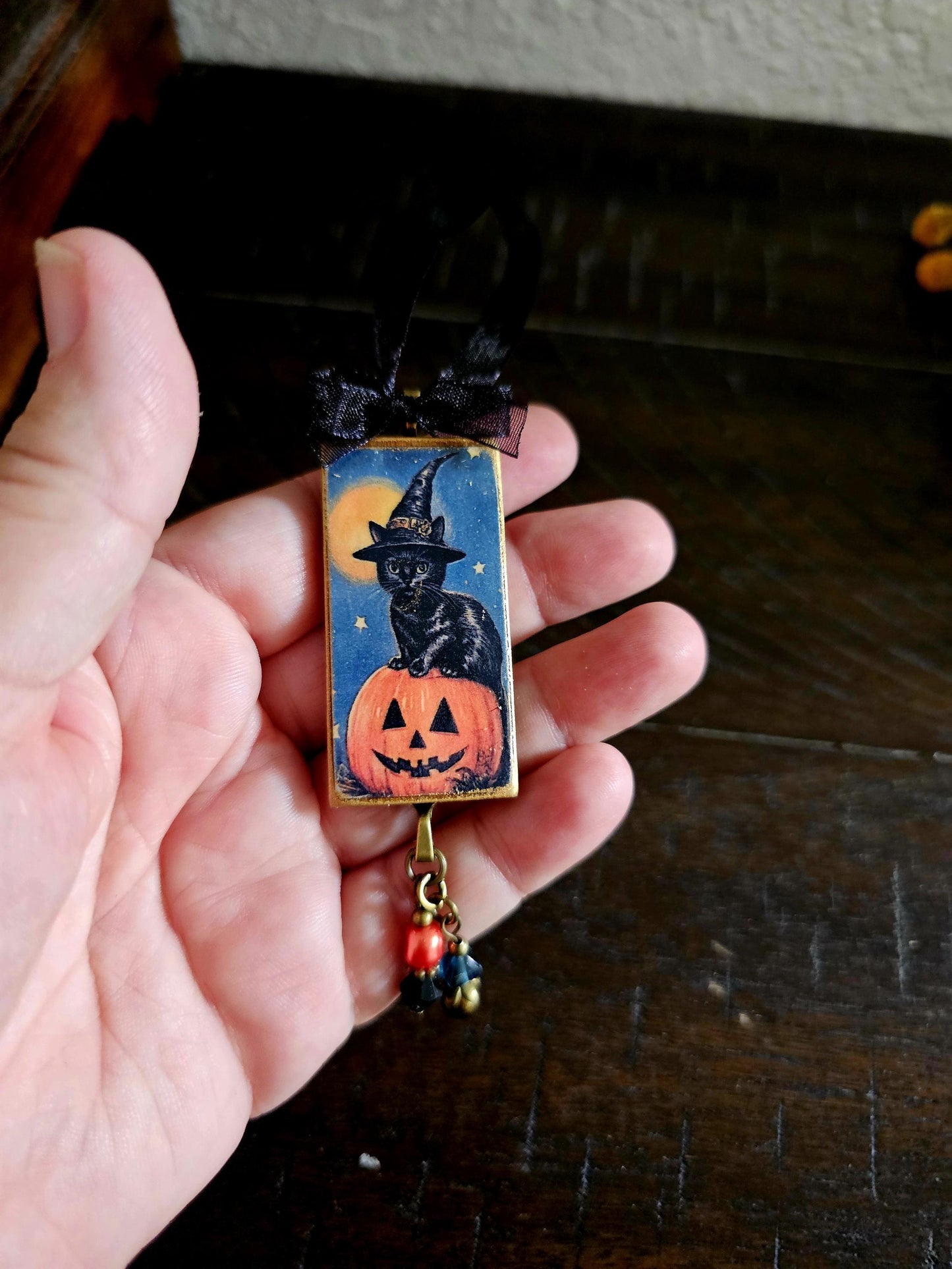 Witch Cat Halloween Ornament, Fall Decor