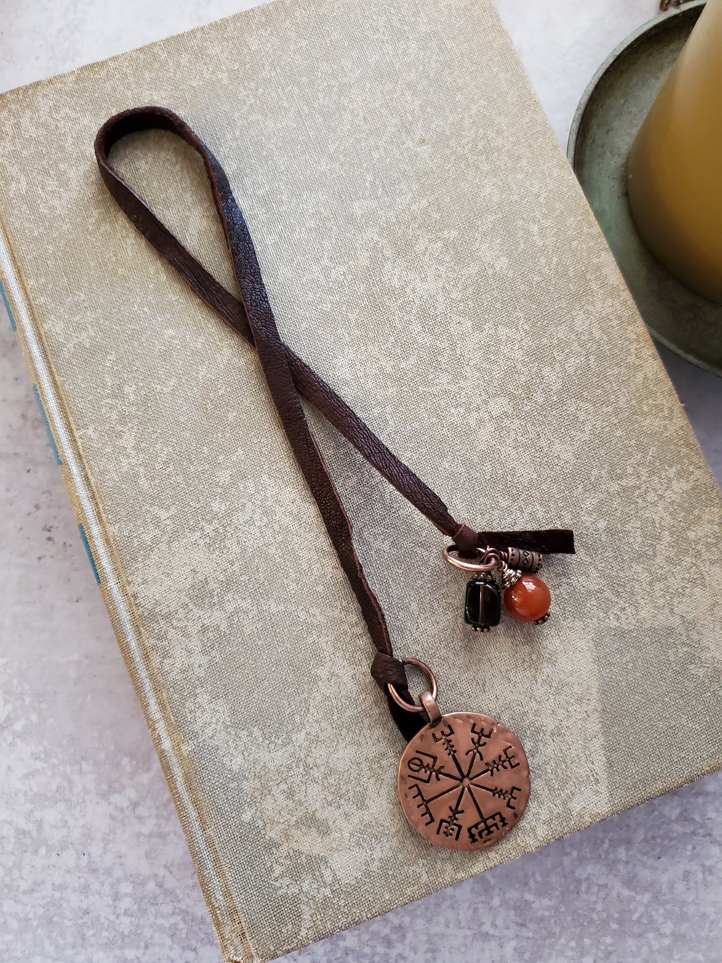 Leather Bookmark, Unique Wayfinder Bookmarker, Viking Vegvisir Book Mark, Gift for Him, Father's Day