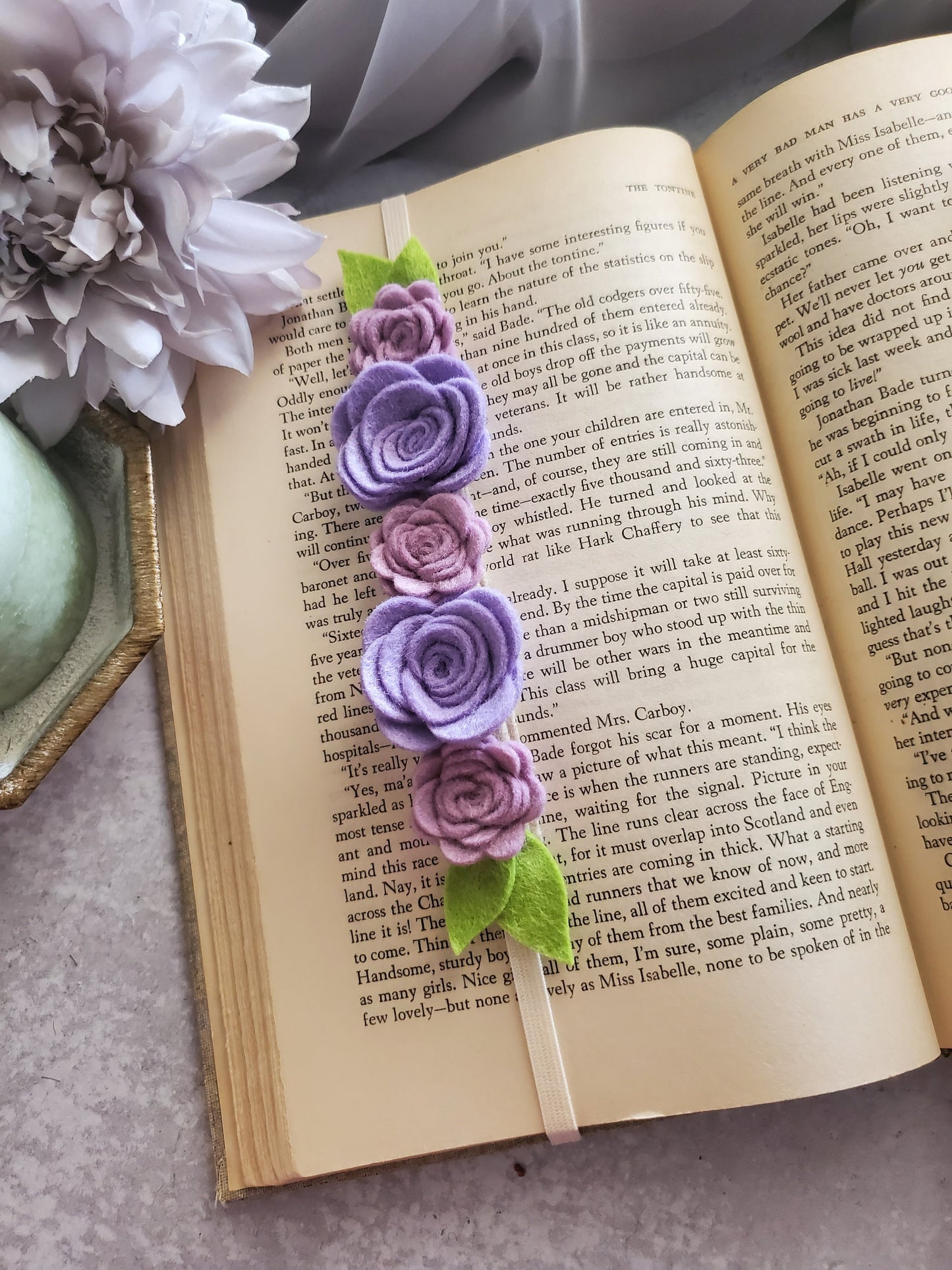 Unique Reader GIft - An Elastic Book Band Made With Merino Wool Felt Flowers