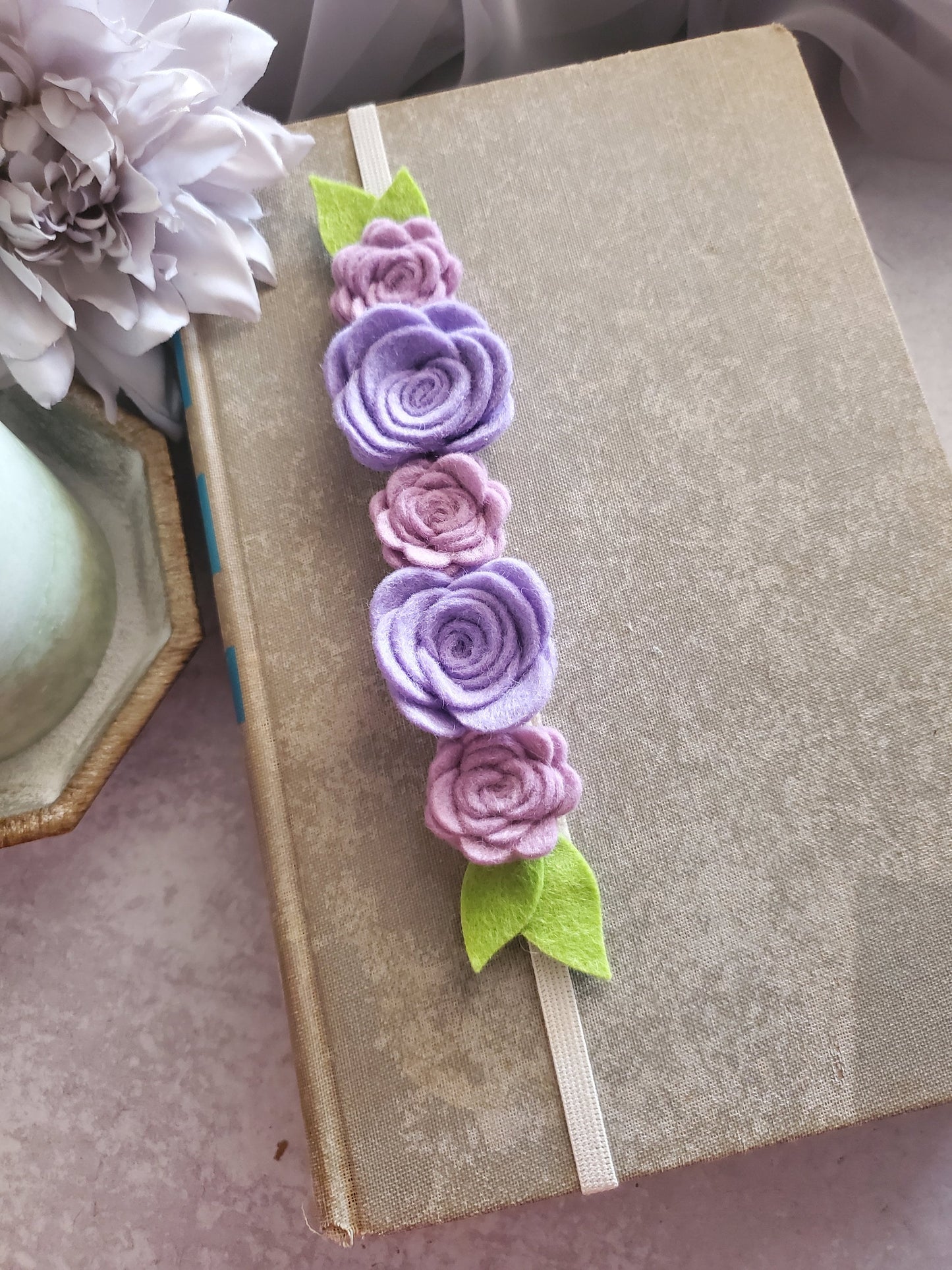 Unique Reader GIft - An Elastic Book Band Made With Merino Wool Felt Flowers