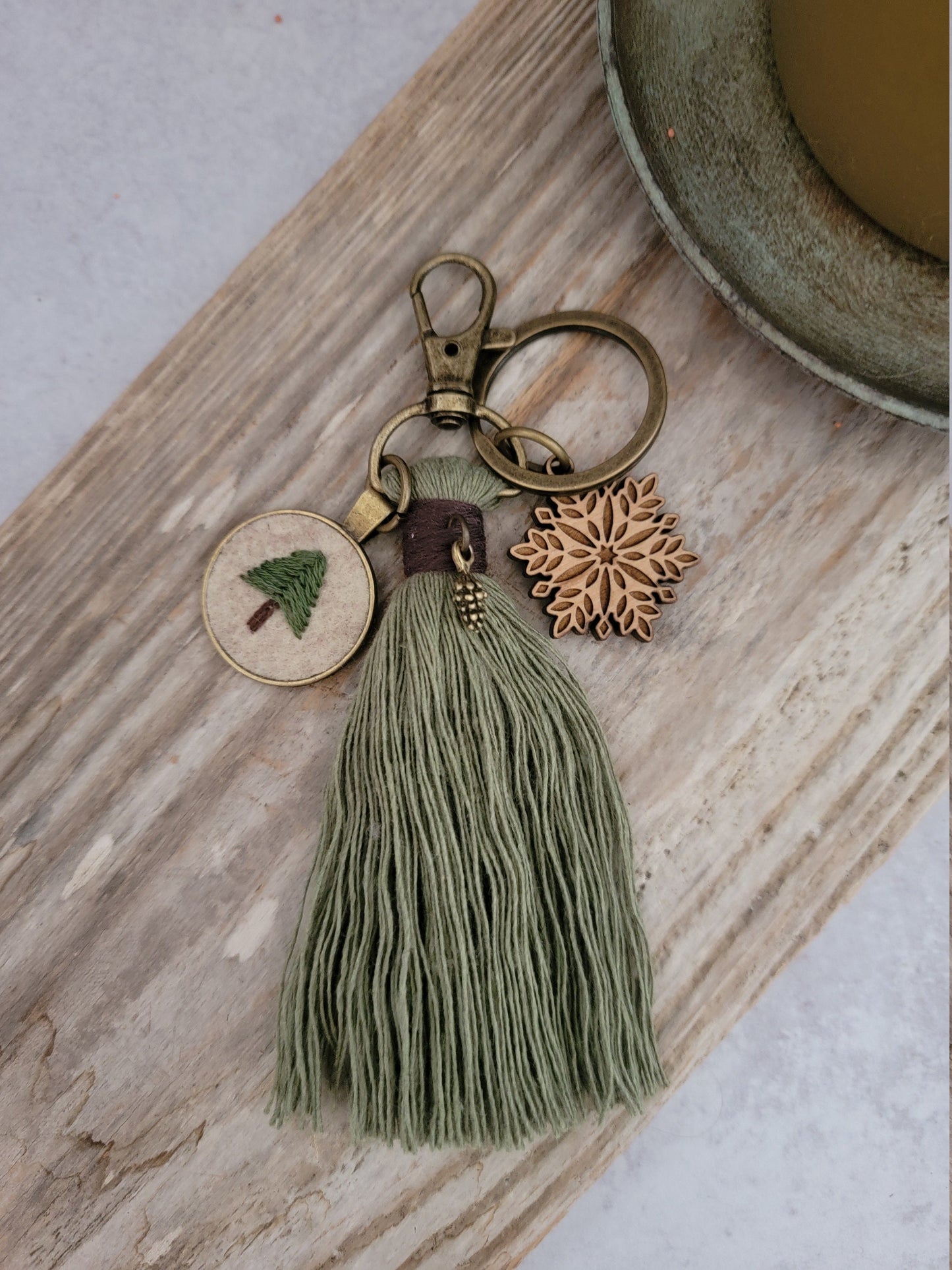 Rustic Winter Keychain, Christmas Pine Tree Tassel, Tiny Hand Embroidery Pine Tree Purse Charm, Snowflake Bag Accessory