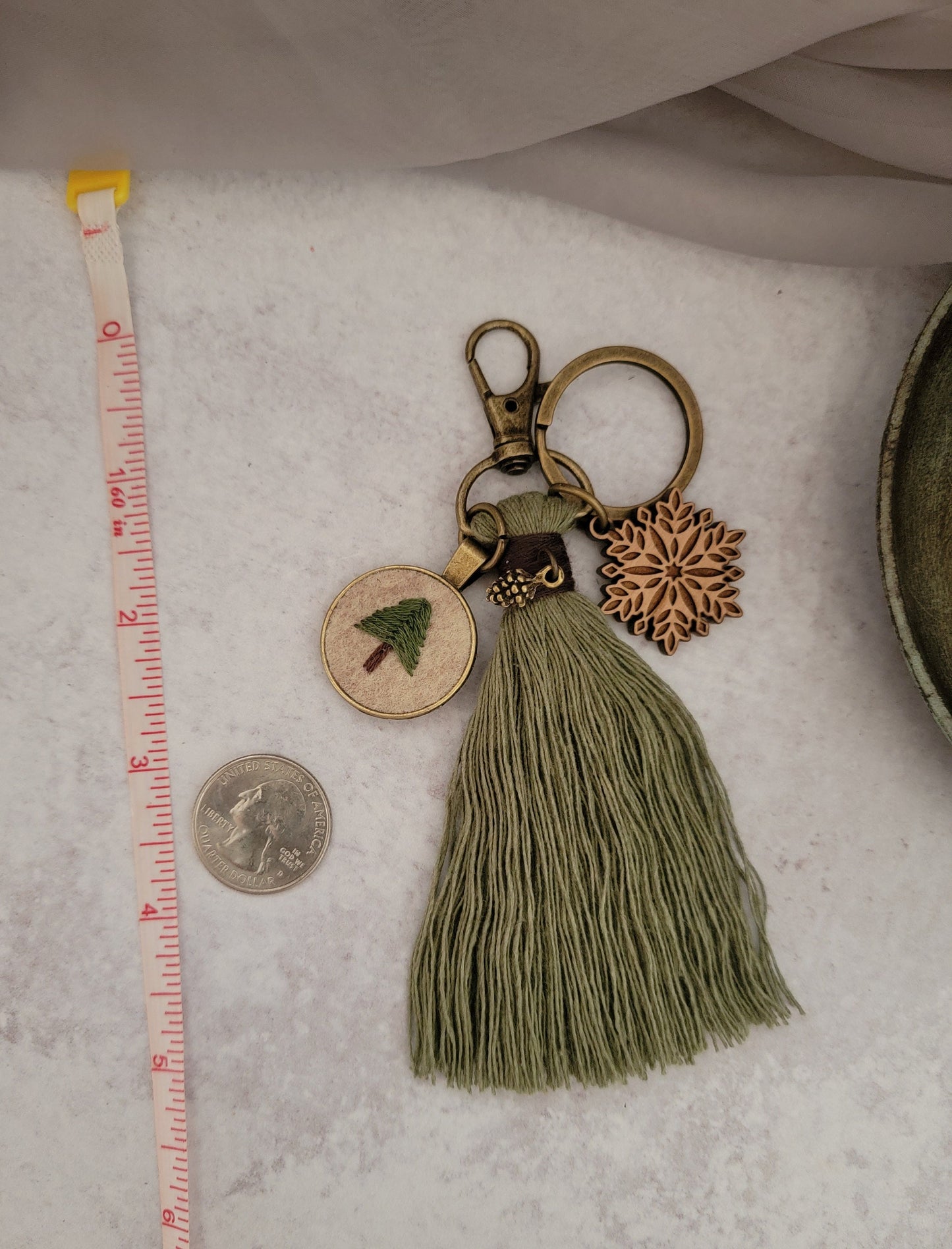 Rustic Winter Keychain, Christmas Pine Tree Tassel, Tiny Hand Embroidery Pine Tree Purse Charm, Snowflake Bag Accessory