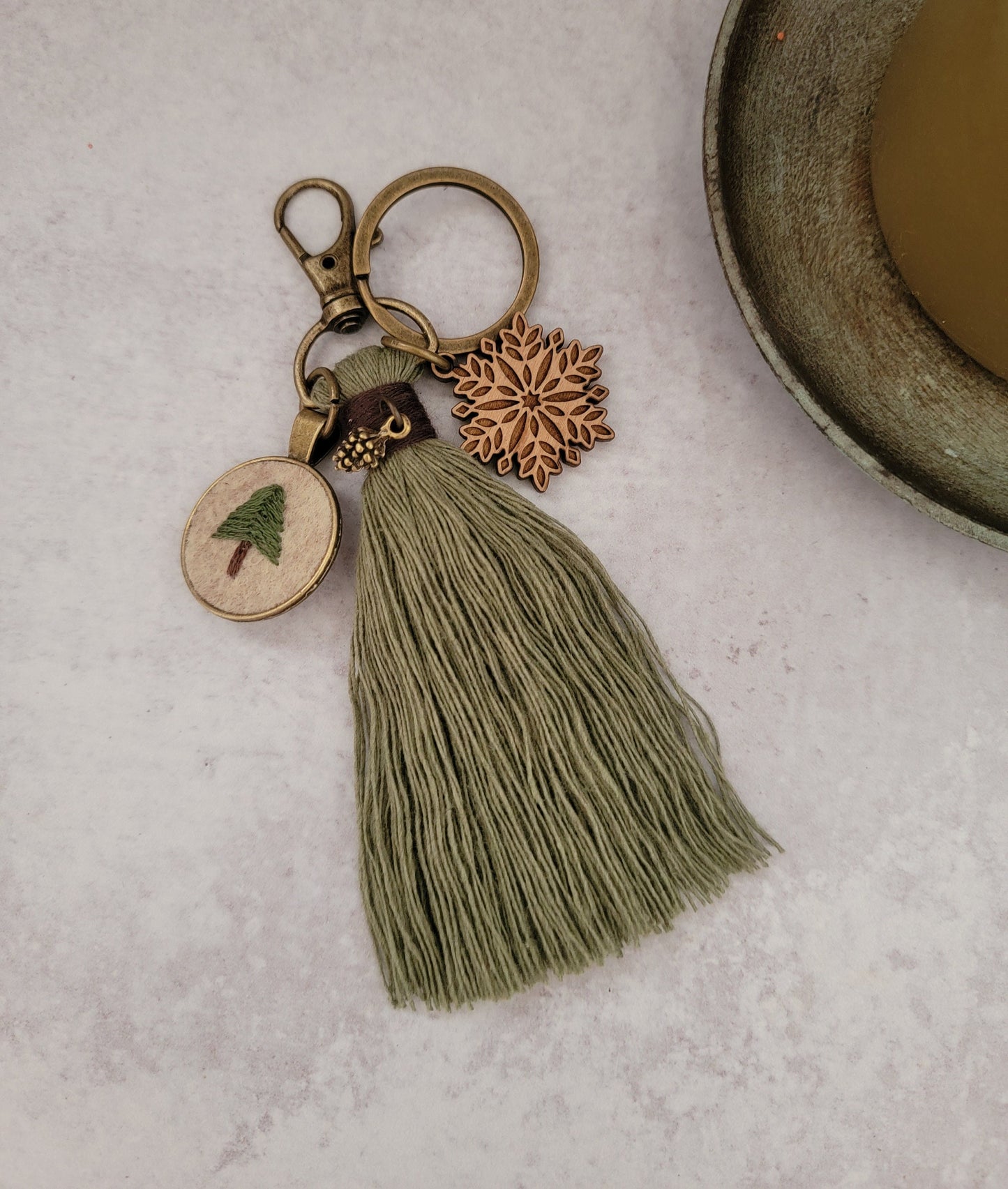 Rustic Winter Keychain, Christmas Pine Tree Tassel, Tiny Hand Embroidery Pine Tree Purse Charm, Snowflake Bag Accessory