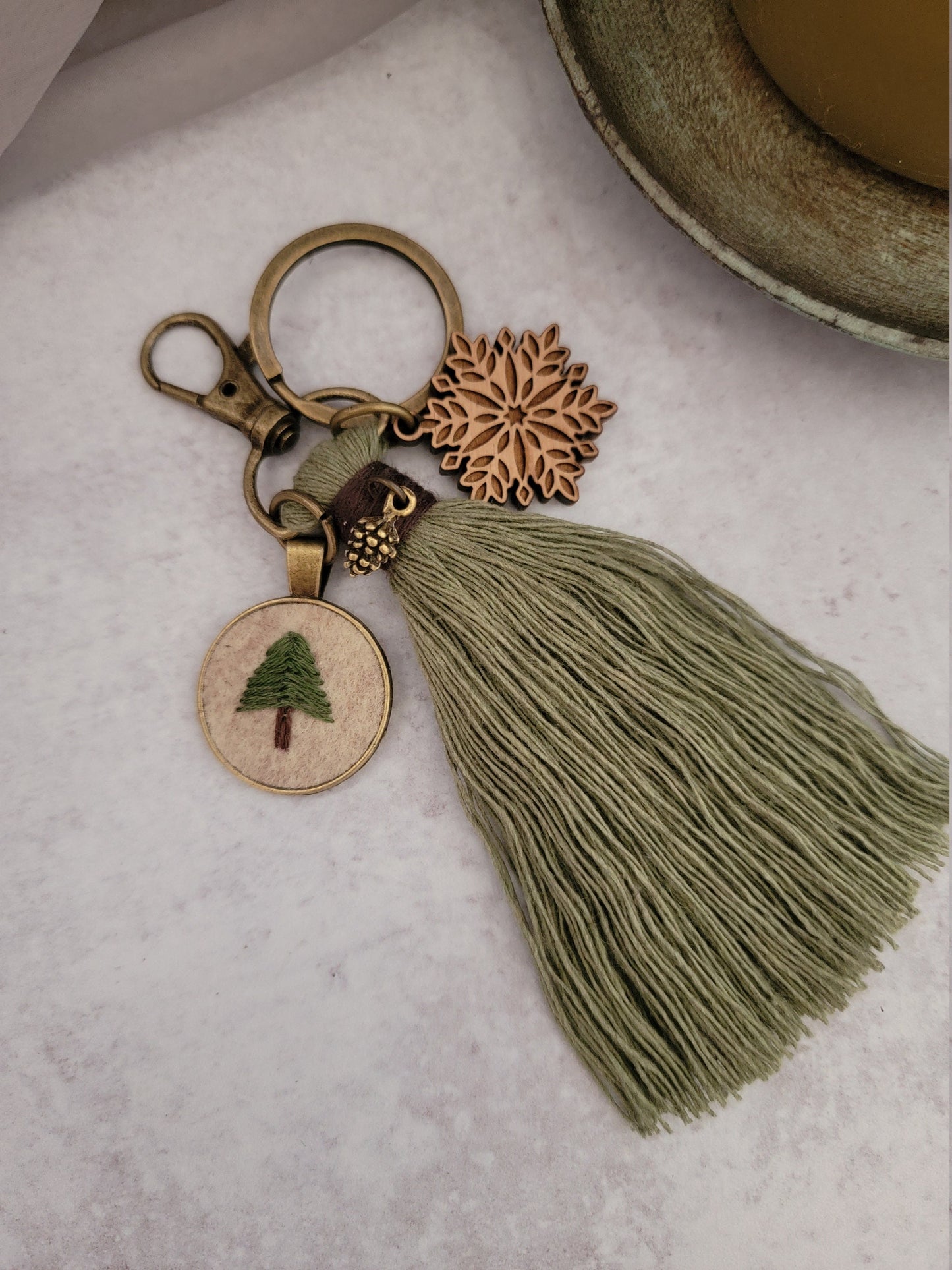 Rustic Winter Keychain, Christmas Pine Tree Tassel, Tiny Hand Embroidery Pine Tree Purse Charm, Snowflake Bag Accessory