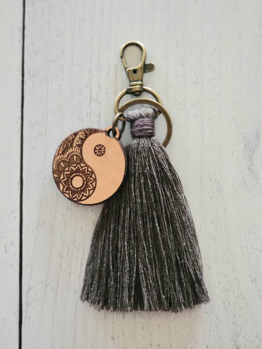 Boho Bag Tassel, Yin Yang Wood and Cotton Purse Charm, Hippie Bag Charm