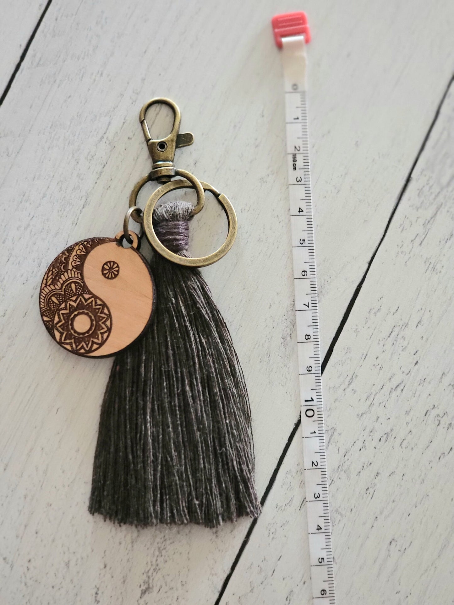 Boho Bag Tassel, Yin Yang Wood and Cotton Purse Charm, Hippie Bag Charm