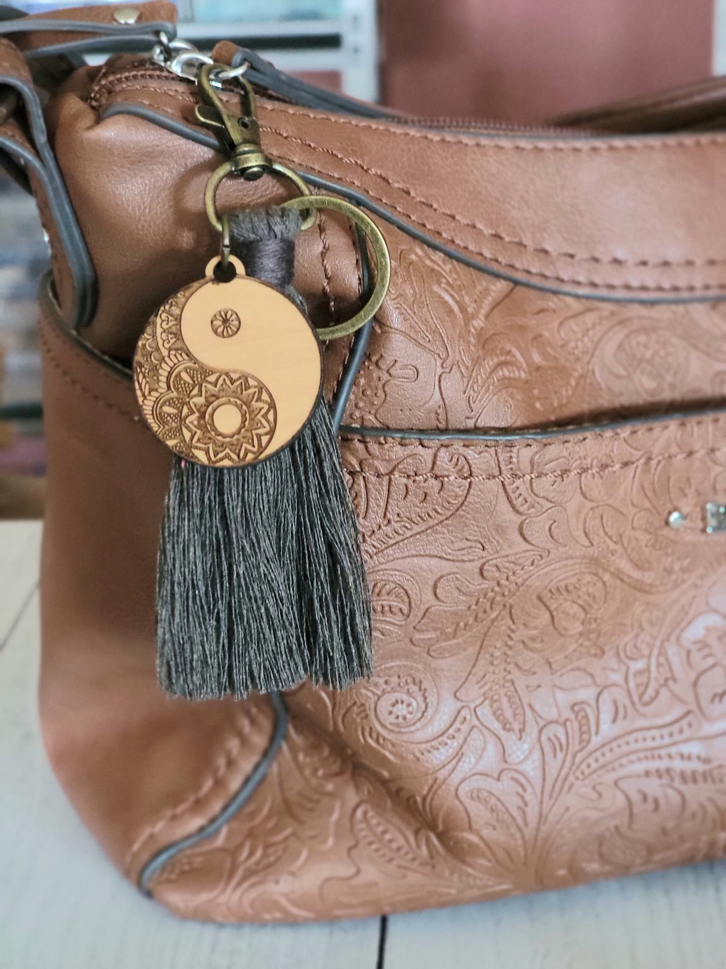 Boho Bag Tassel, Yin Yang Wood and Cotton Purse Charm, Hippie Bag Charm