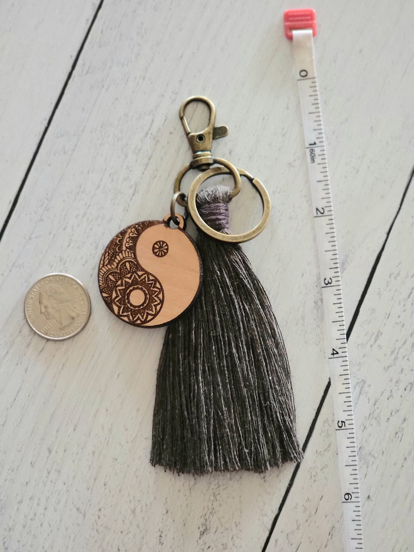 Boho Bag Tassel, Yin Yang Wood and Cotton Purse Charm, Hippie Bag Charm