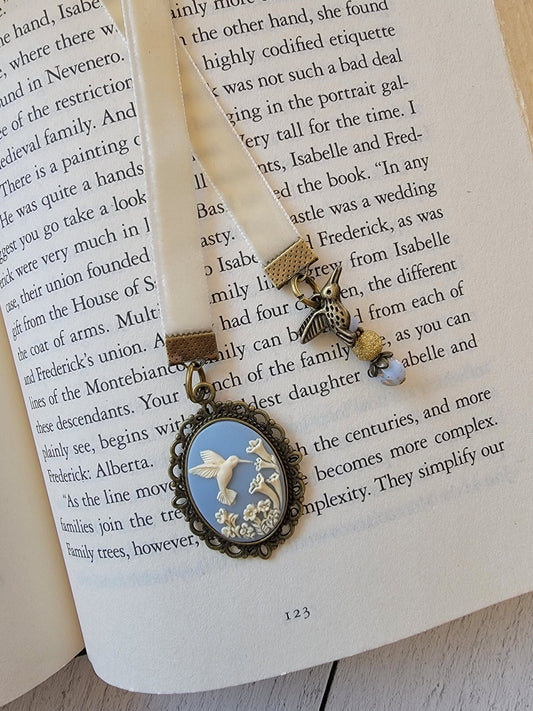 Hummingbird Cameo Bookmark, Vintage Style Velvet Bookmarker, Victorian Style Reader Gift