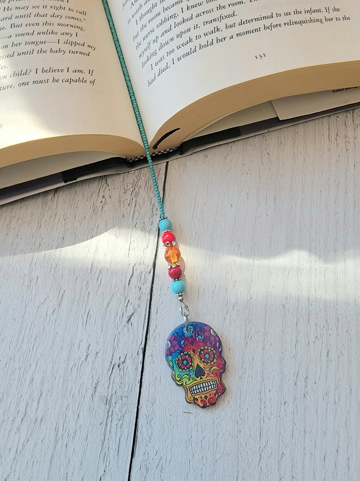 Boho Style Beaded Bookmark with Colorful Sugar Skull Charm - Unique Book Accessory, Gift for Her