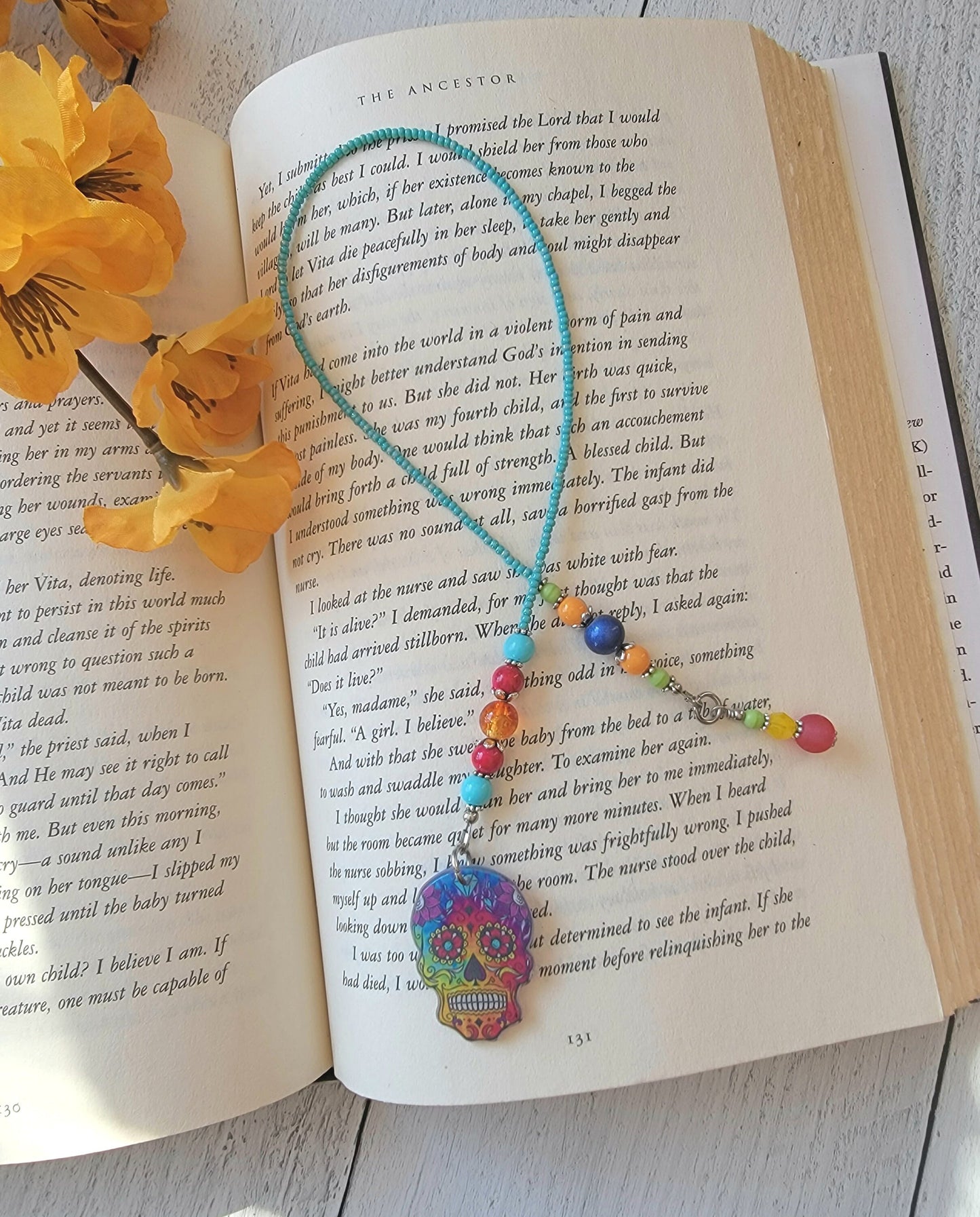 Boho Style Beaded Bookmark with Colorful Sugar Skull Charm - Unique Book Accessory, Gift for Her