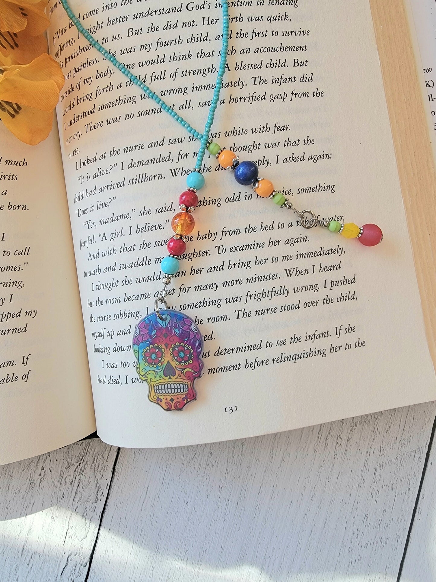 Boho Style Beaded Bookmark with Colorful Sugar Skull Charm - Unique Book Accessory, Gift for Her