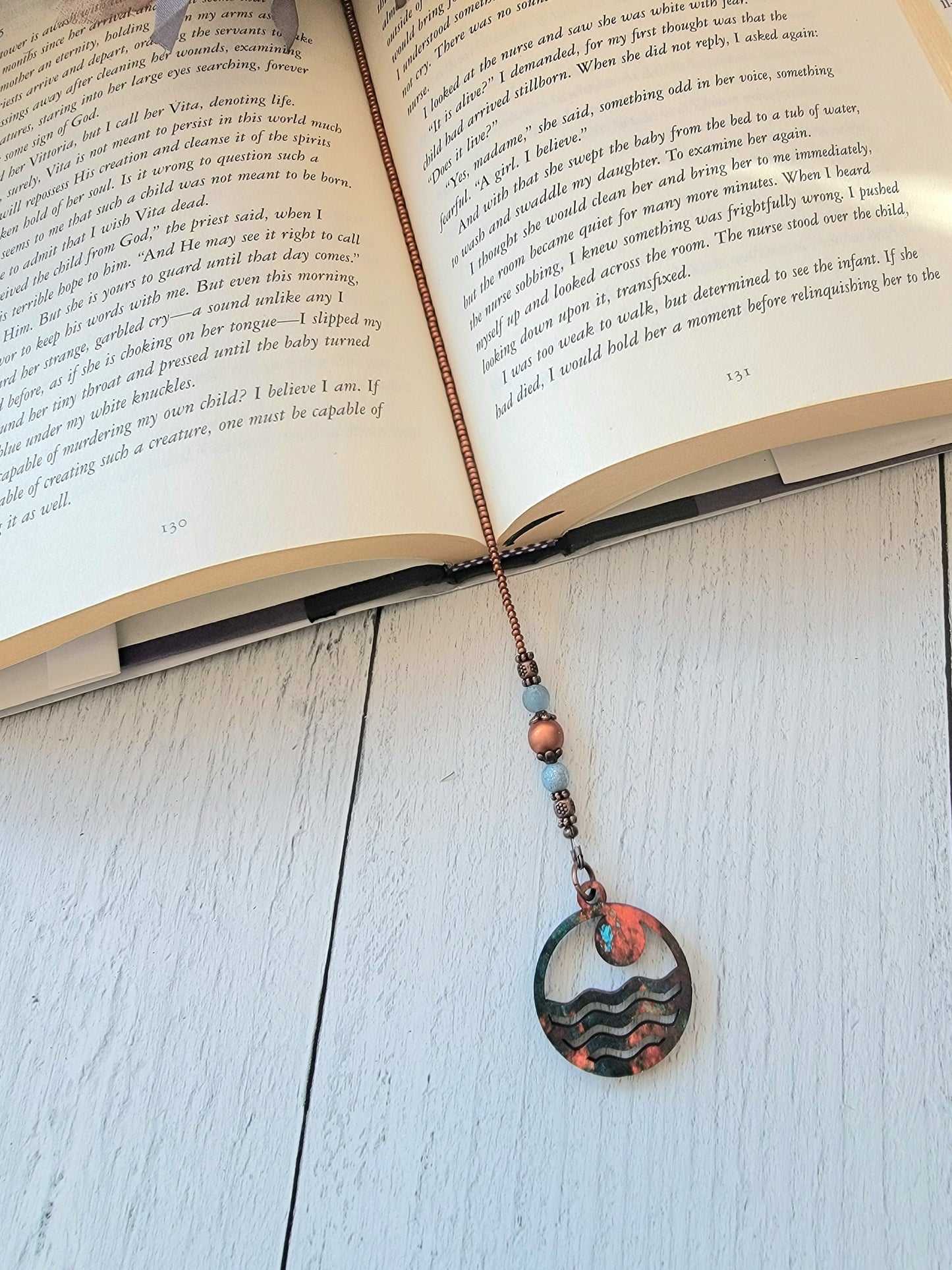 Handcrafted Beach Theme Bookmark featuring an Ocean Sunset Charm and Copper Plated Starfish