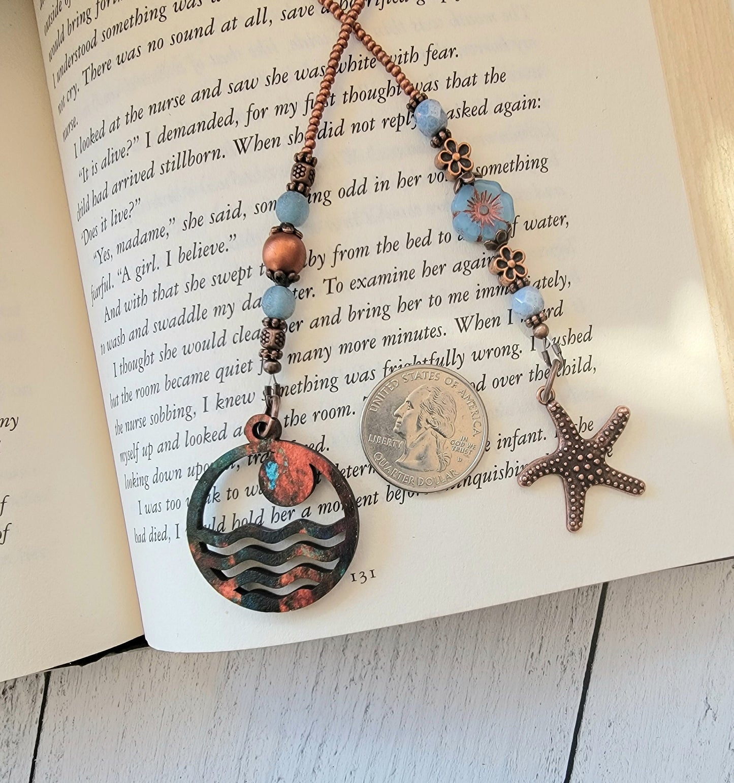 Handcrafted Beach Theme Bookmark featuring an Ocean Sunset Charm and Copper Plated Starfish