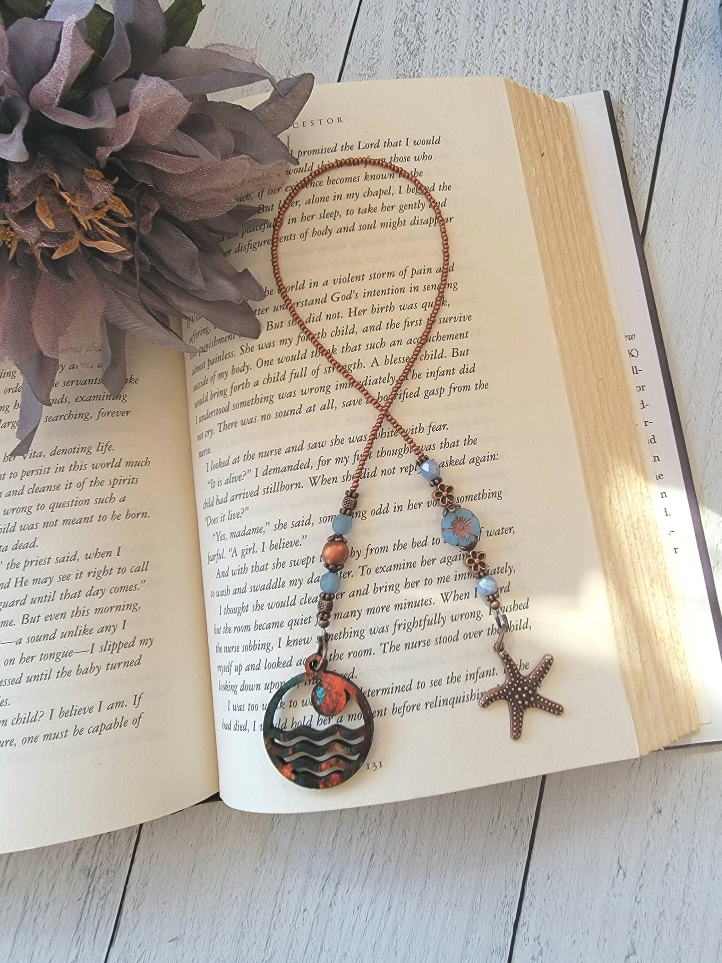 Handcrafted Beach Theme Bookmark featuring an Ocean Sunset Charm and Copper Plated Starfish