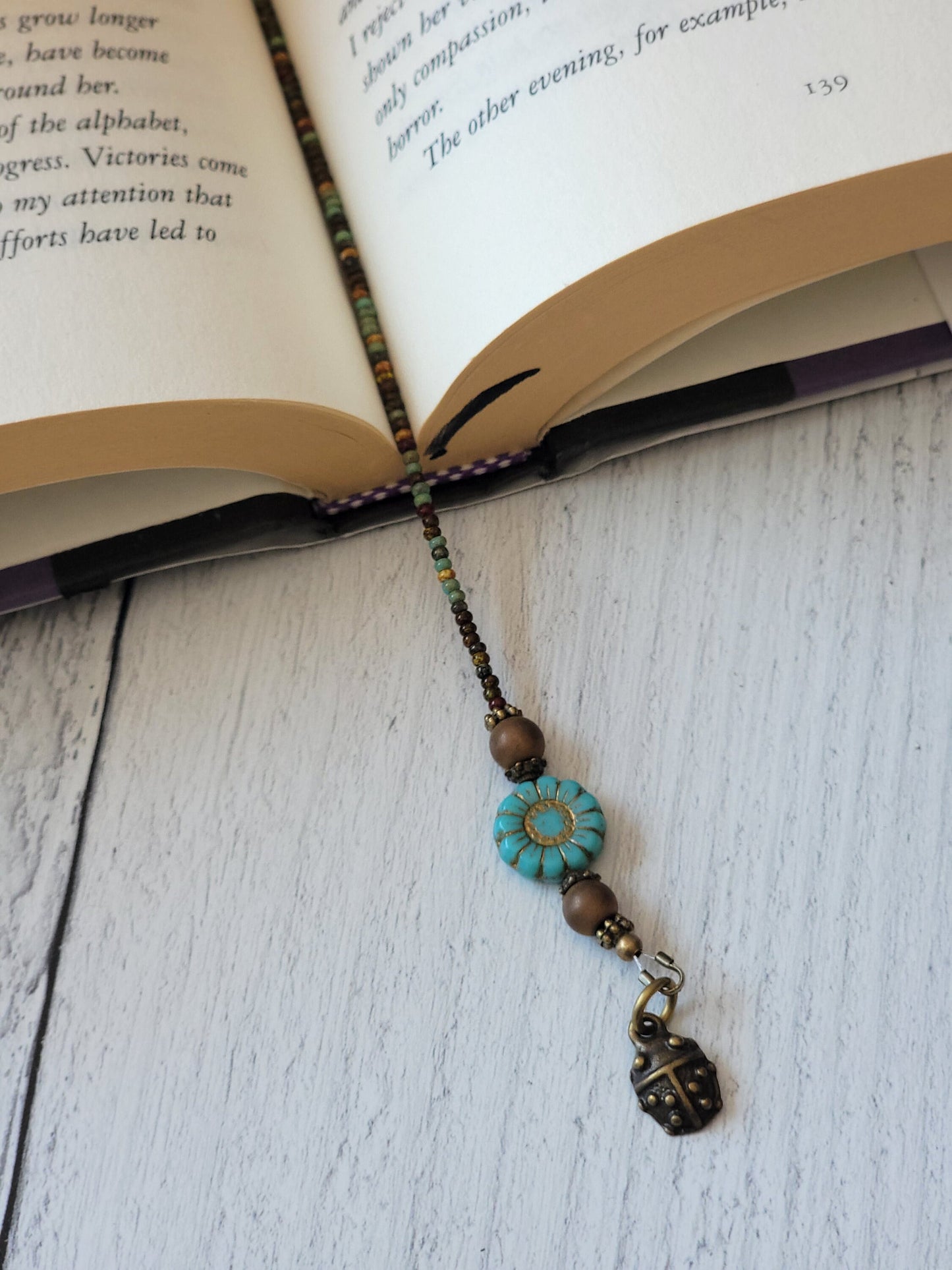 Beaded Bookmark with Blue Sunflower Bead and Ladybug Charm