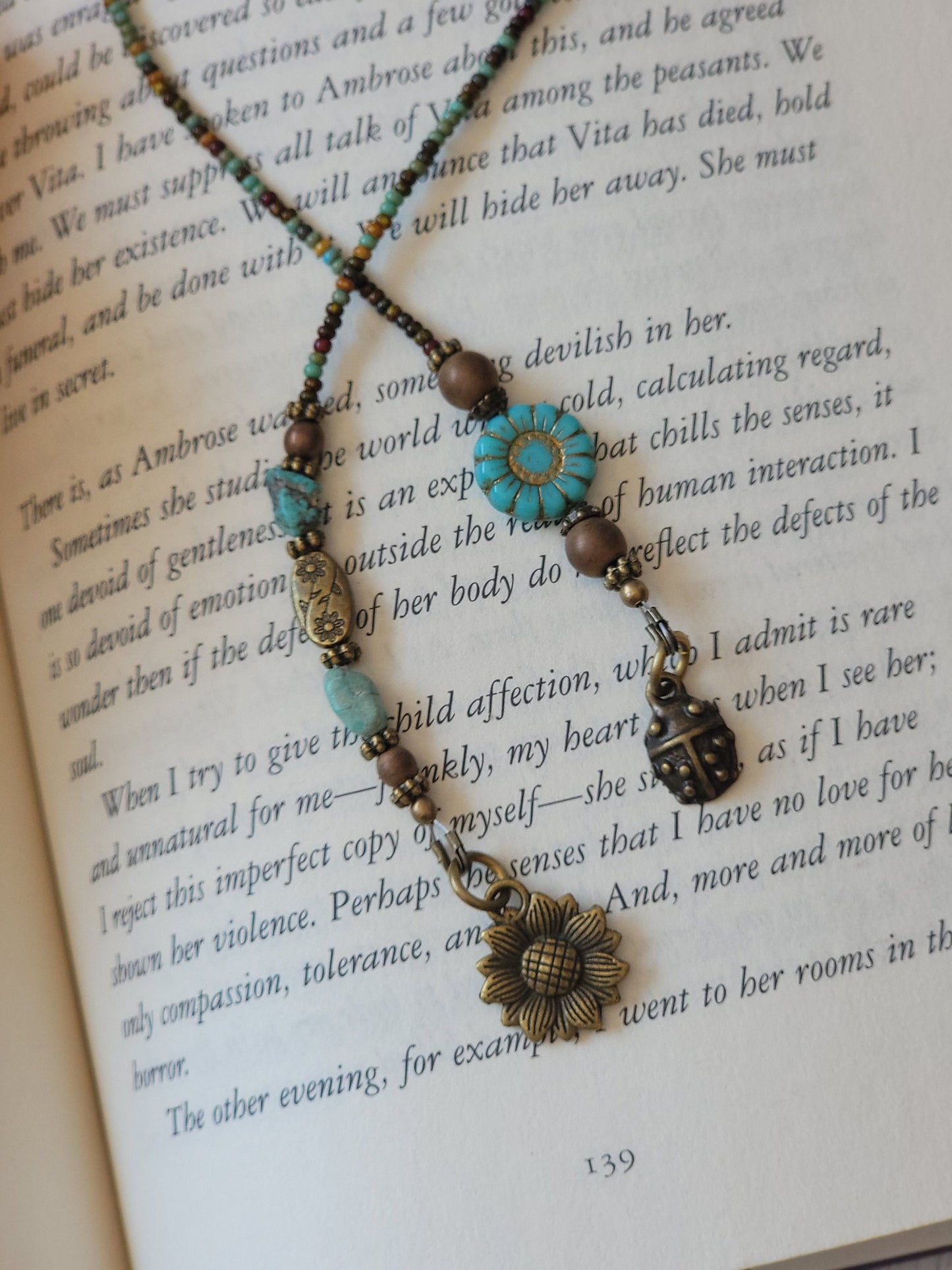 Beaded Bookmark with Blue Sunflower Bead and Ladybug Charm